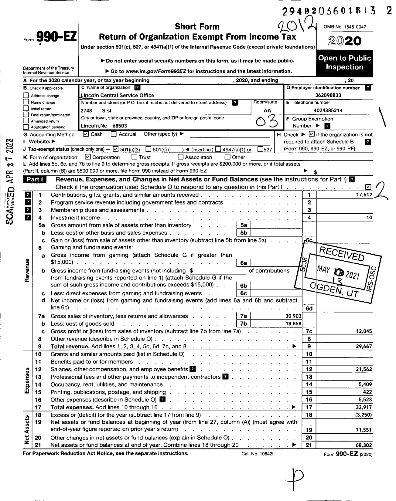 Image of first page of 2020 Form 990EZ for lincoln central service office