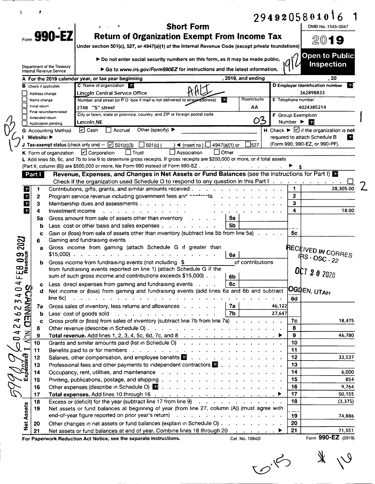 Image of first page of 2019 Form 990EZ for lincoln central service office