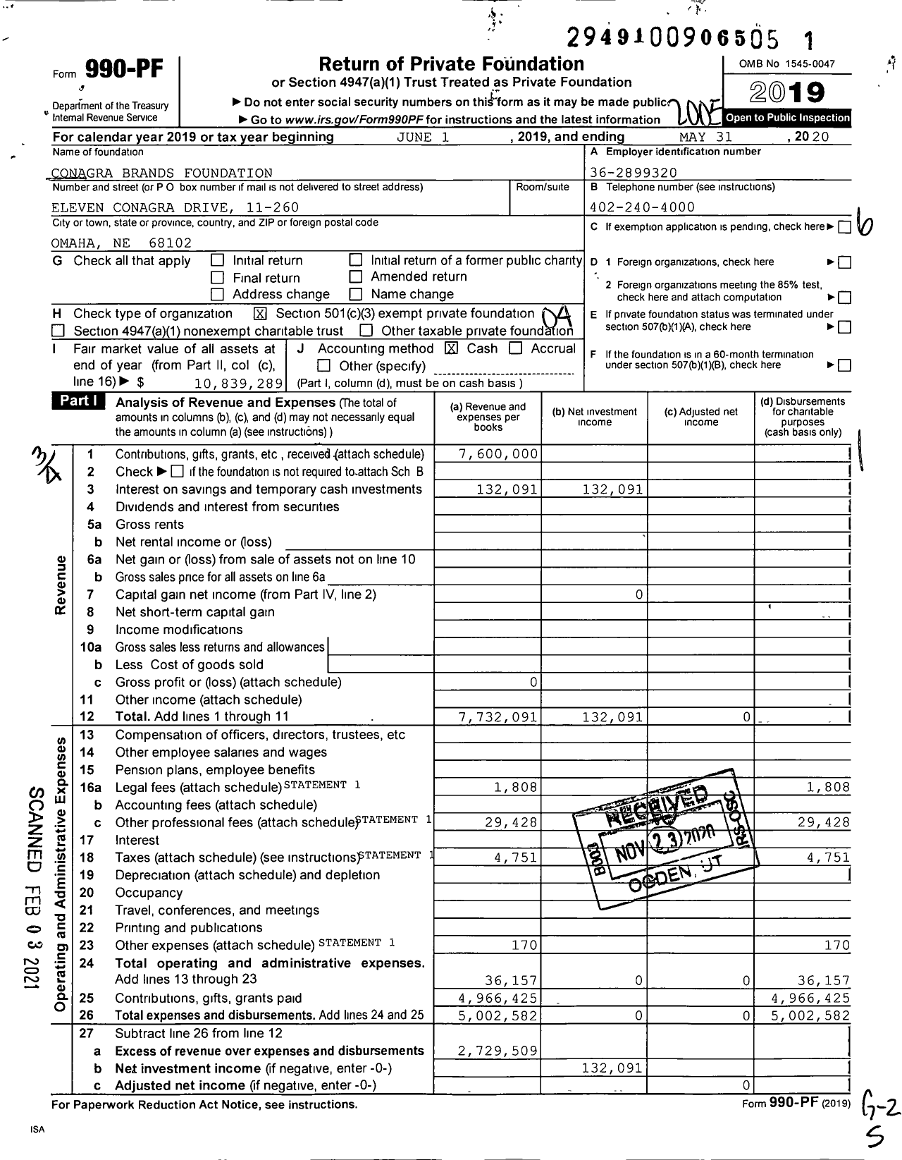 Image of first page of 2019 Form 990PF for Conagra Brands Foundation