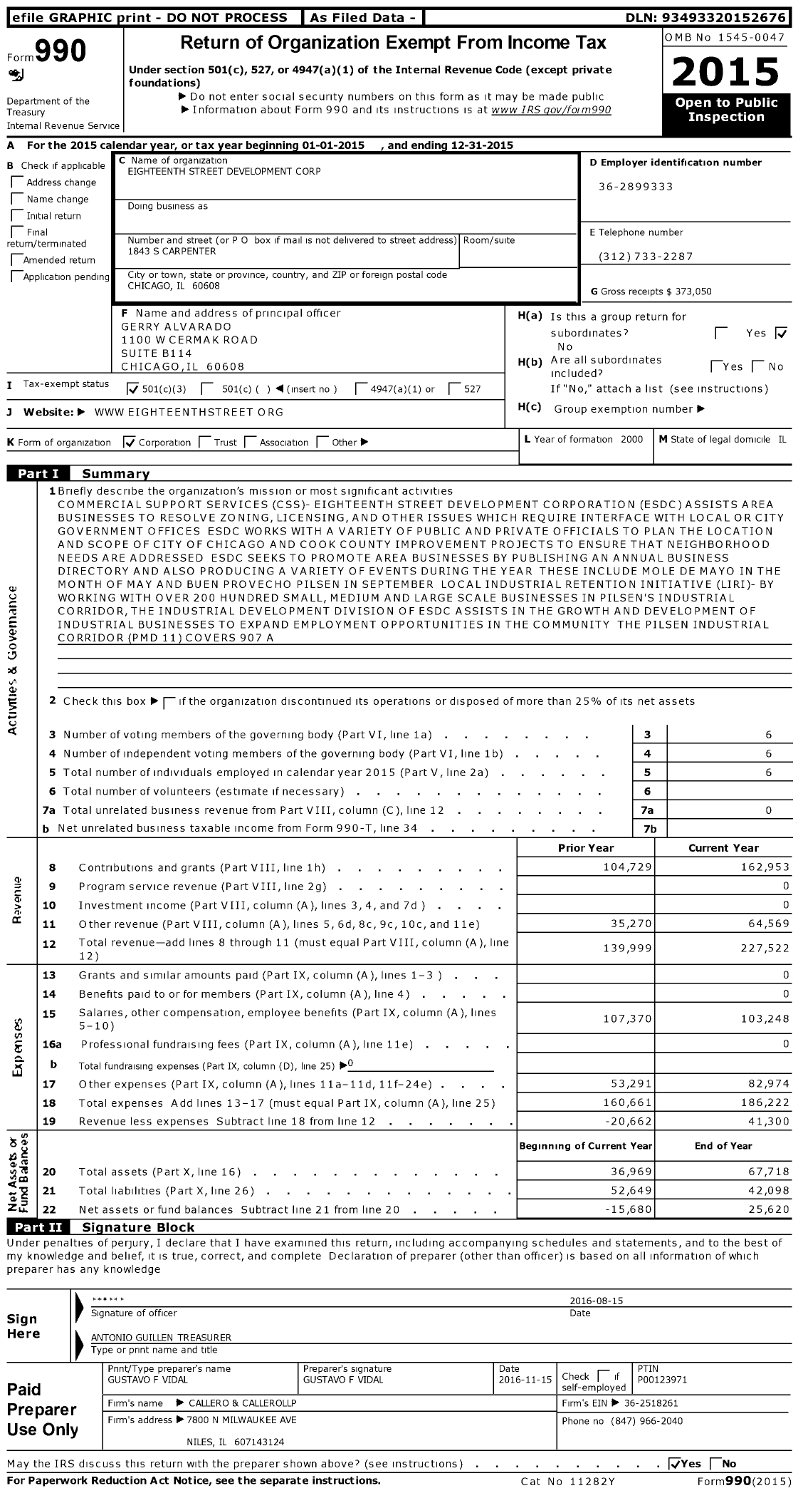 Image of first page of 2015 Form 990 for Eighteenth Street Development Corporation