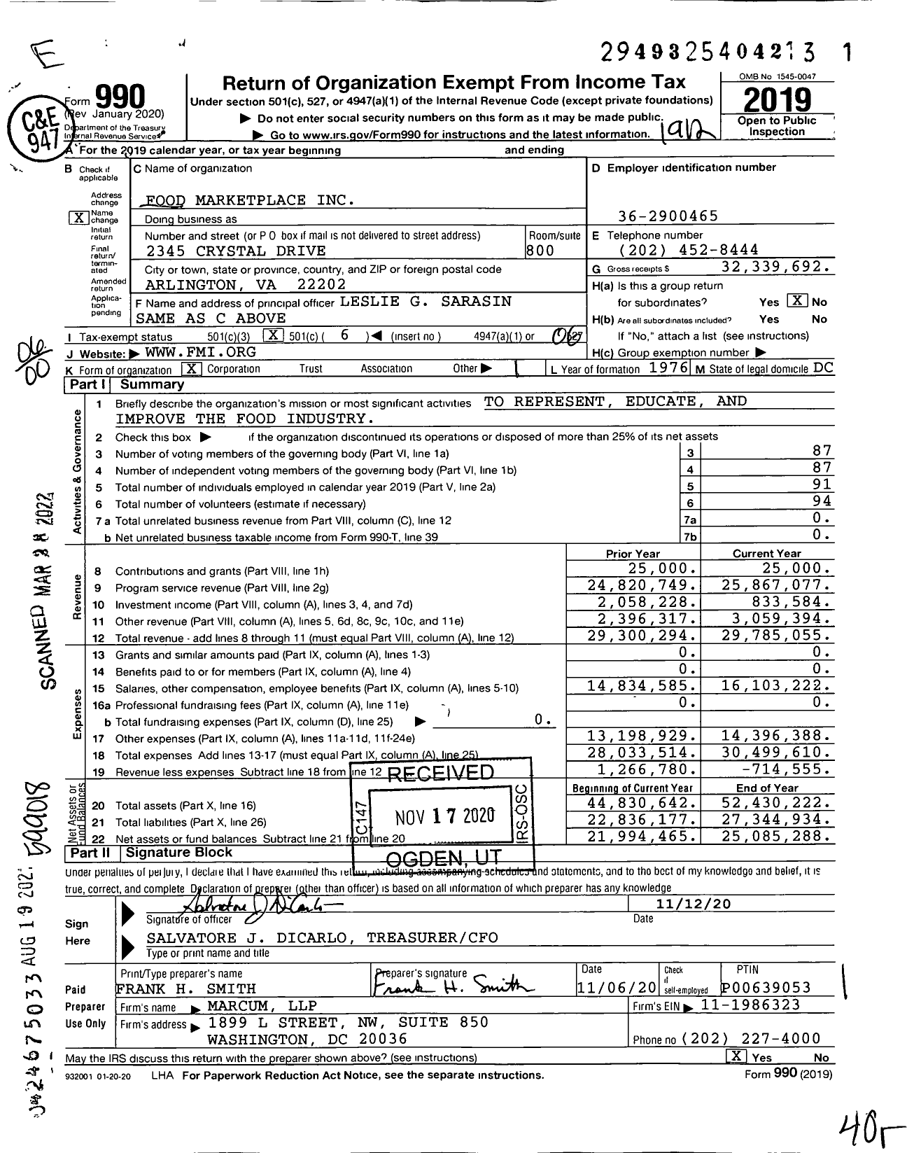 Image of first page of 2019 Form 990O for Food Marketplace (FMI)