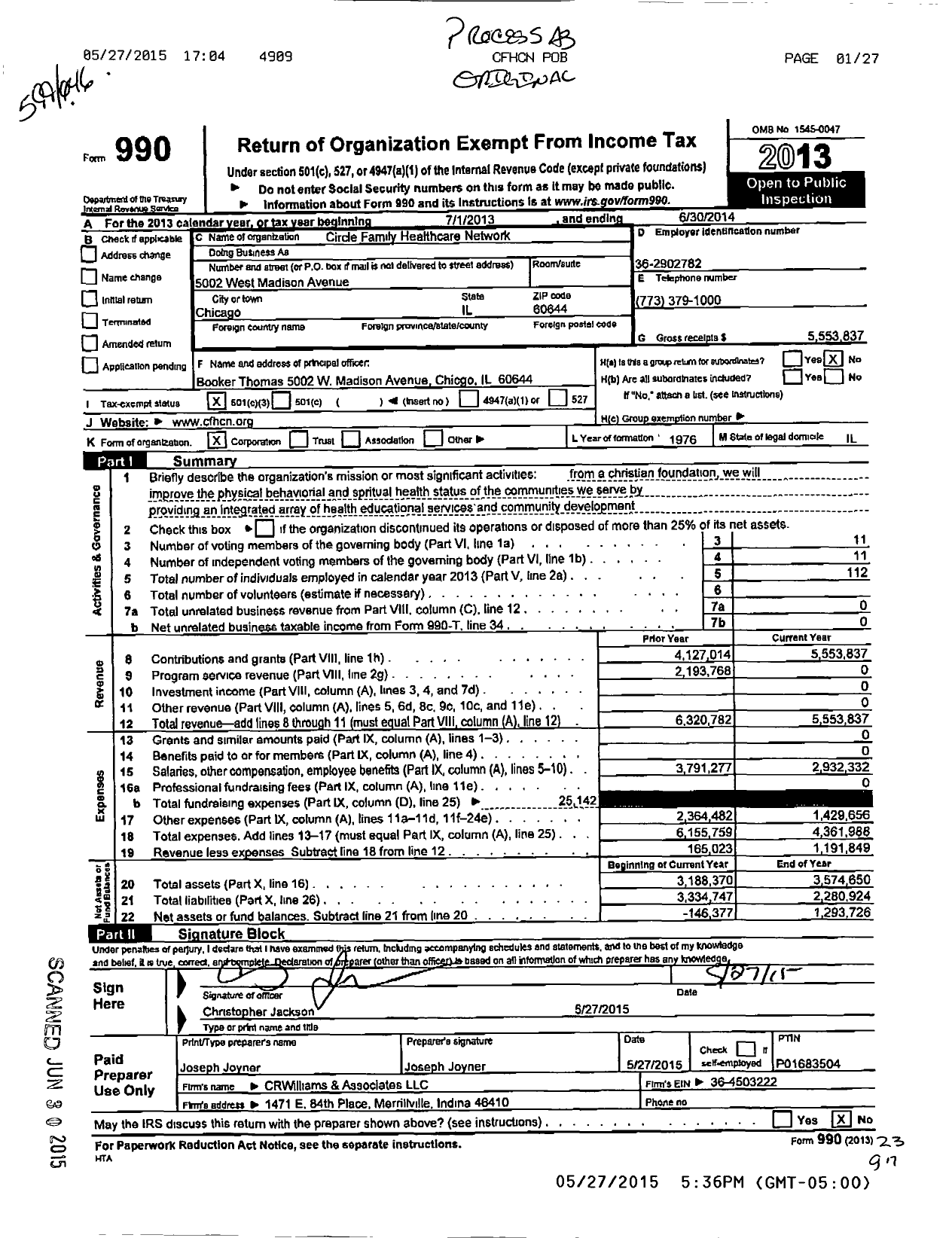 Image of first page of 2013 Form 990 for Circle Family HealthCare Network (CFHCN)