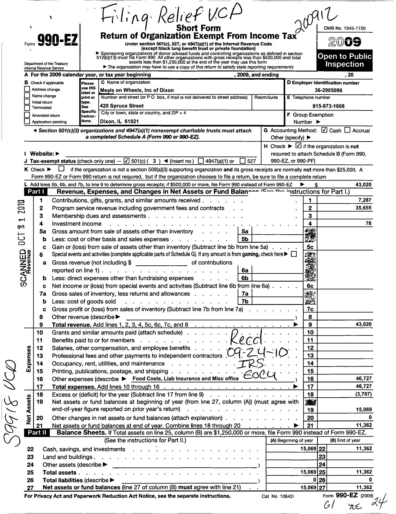 Image of first page of 2009 Form 990EZ for Meals on Wheels of Dixon Il