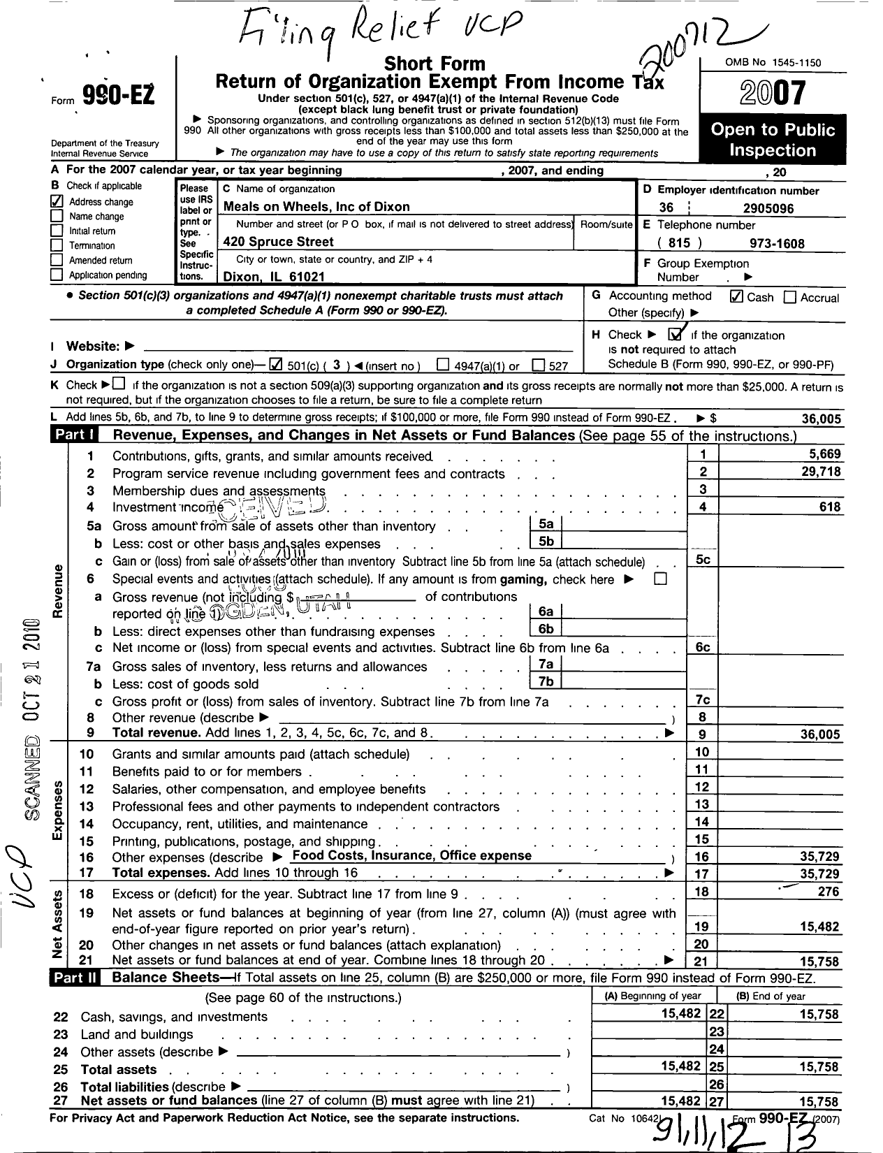 Image of first page of 2007 Form 990EZ for Meals on Wheels of Dixon Il