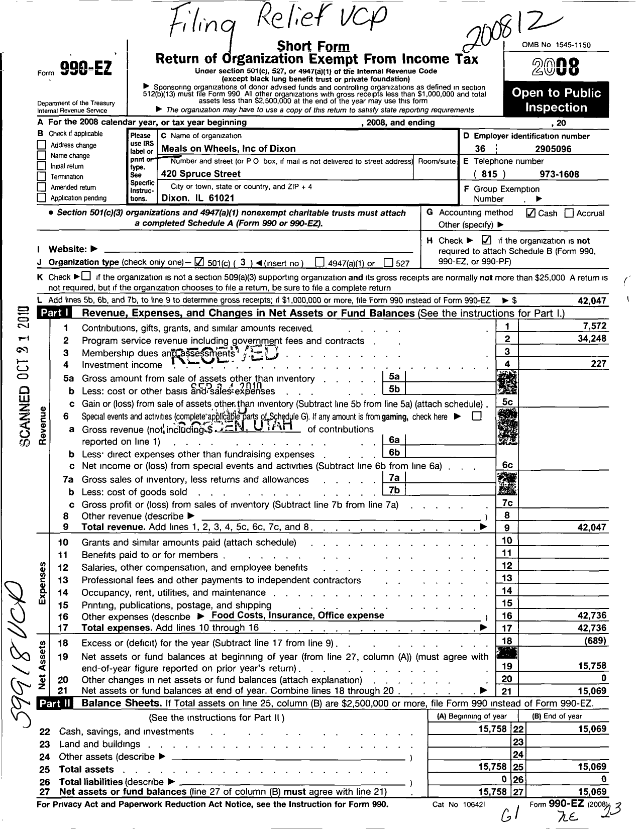 Image of first page of 2008 Form 990EZ for Meals on Wheels of Dixon Il