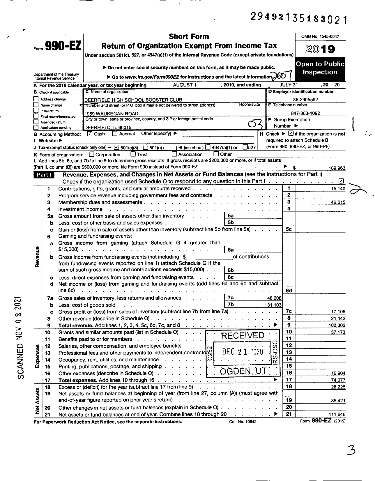 Image of first page of 2019 Form 990EZ for Deerfield High School Booster Club