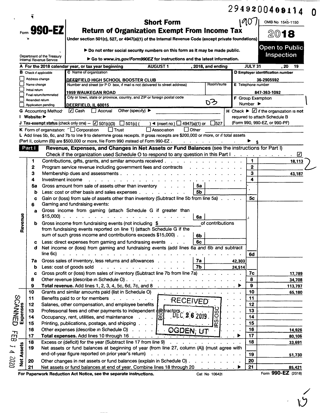 Image of first page of 2018 Form 990EZ for Deerfield High School Booster Club