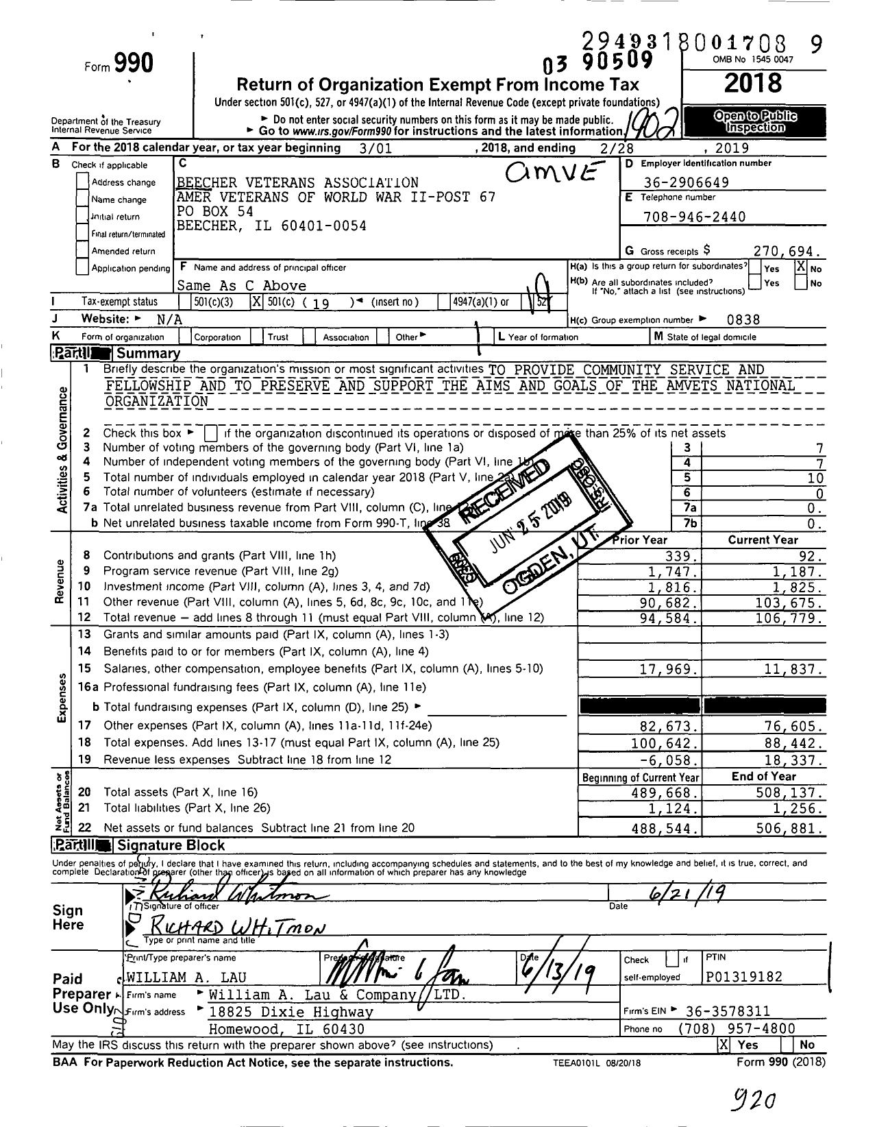 Image of first page of 2018 Form 990O for Amvets - Beecher Veterans Association Amer Veterans of World War Ii Post 67