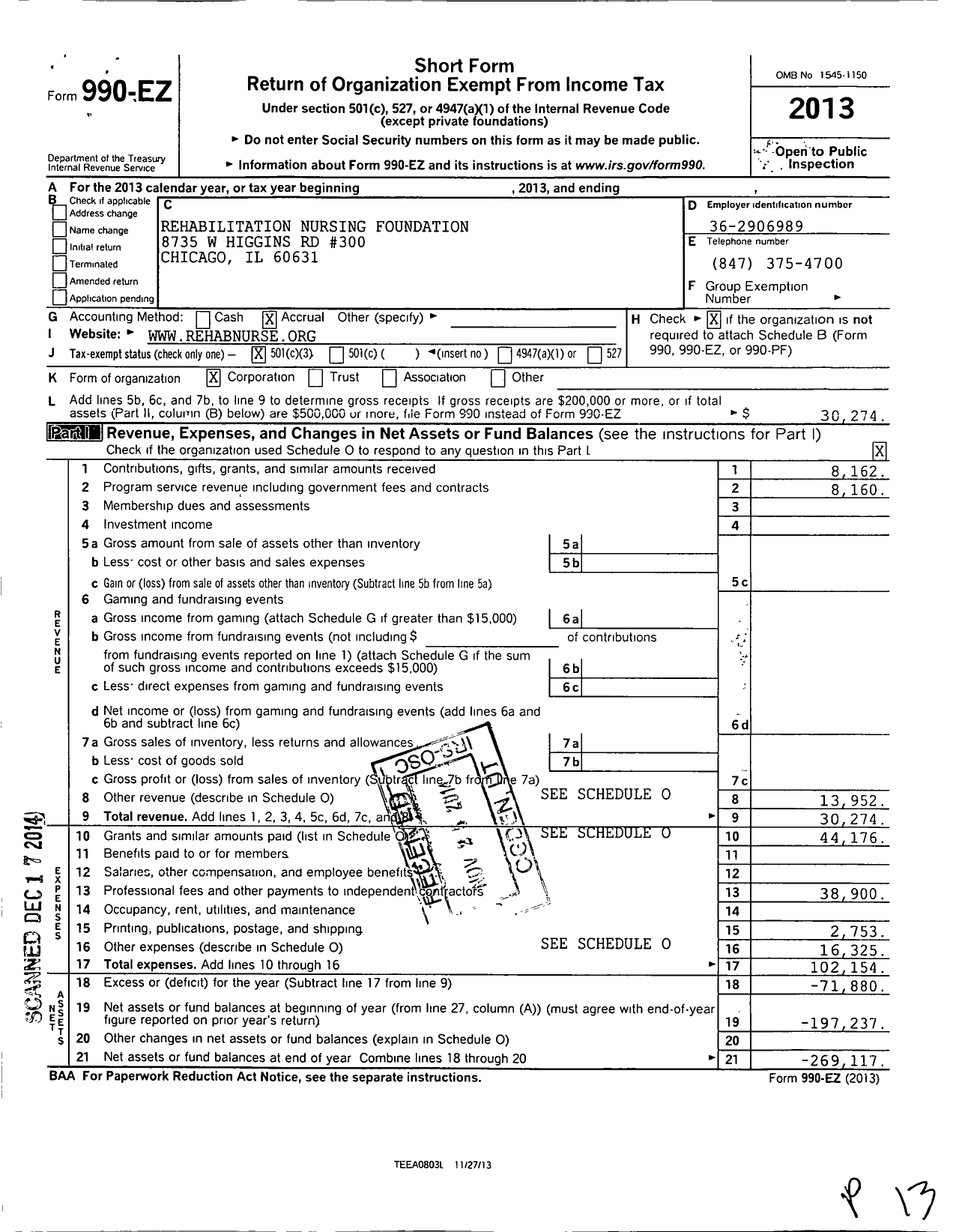 Image of first page of 2013 Form 990EZ for Rehabilitation Nursing Foundation