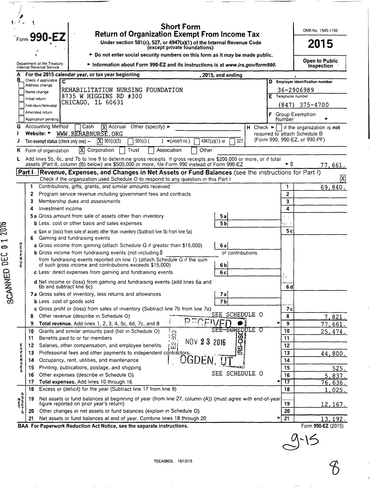 Image of first page of 2015 Form 990EZ for Rehabilitation Nursing Foundation