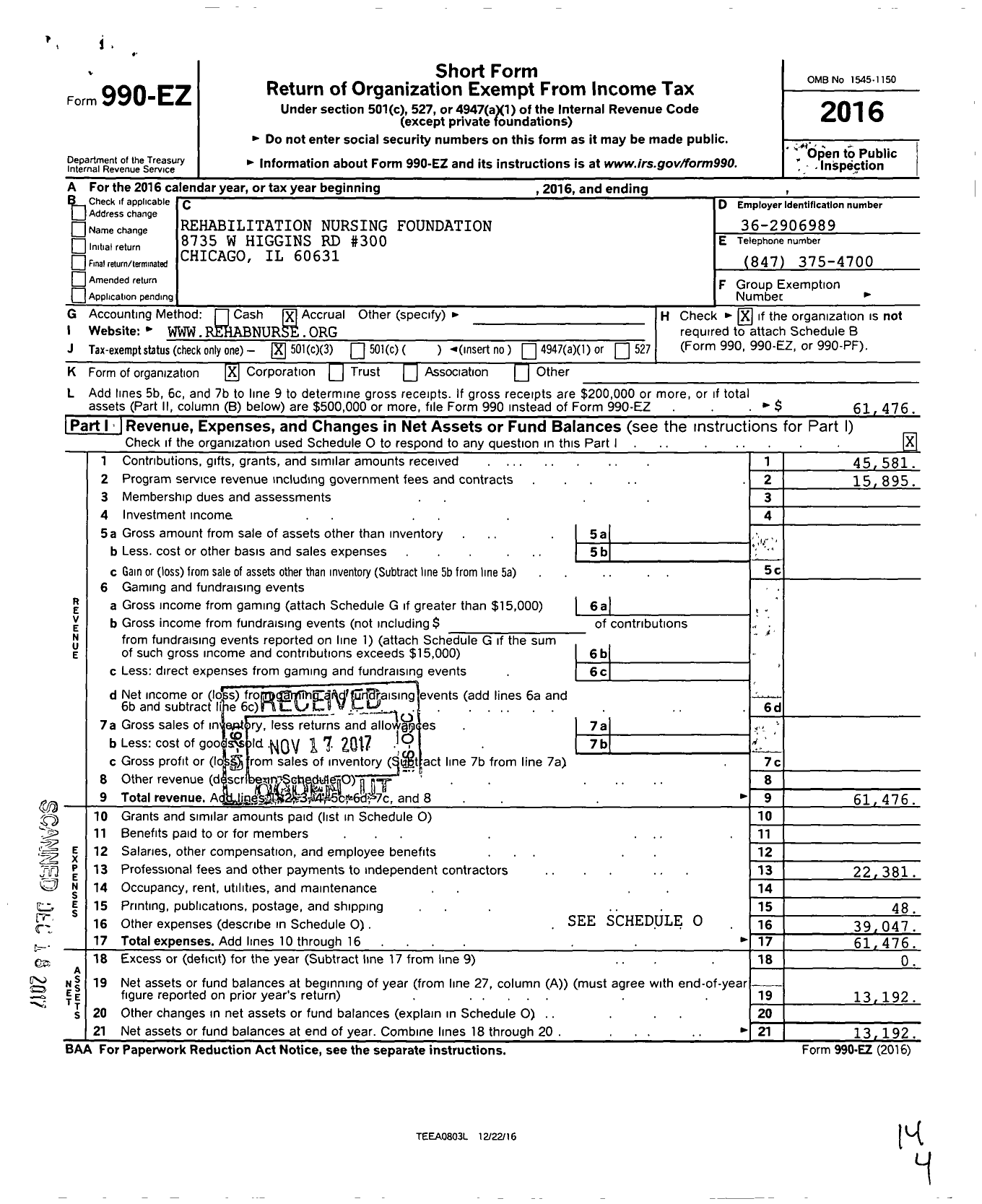 Image of first page of 2016 Form 990EZ for Rehabilitation Nursing Foundation