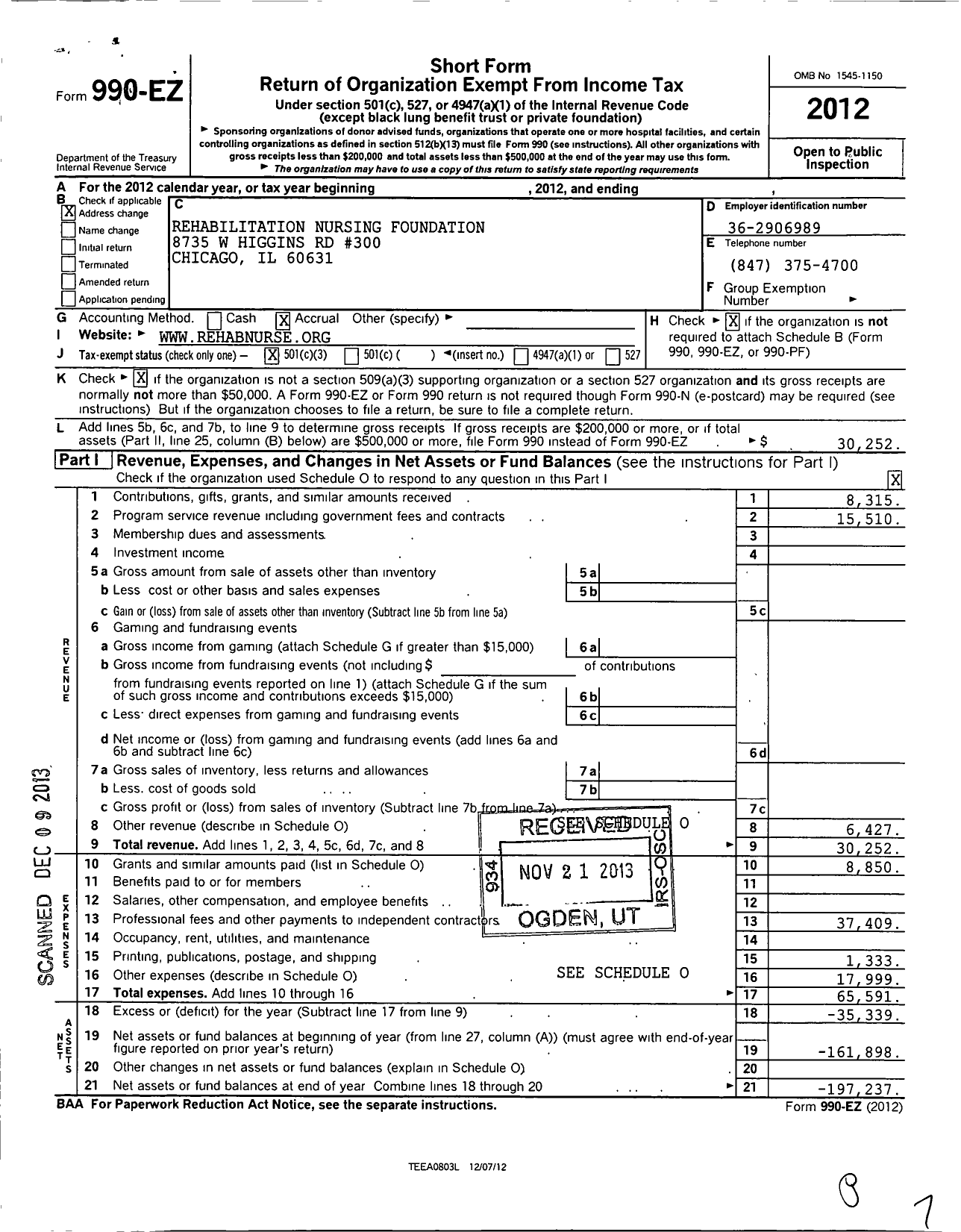 Image of first page of 2012 Form 990EZ for Rehabilitation Nursing Foundation