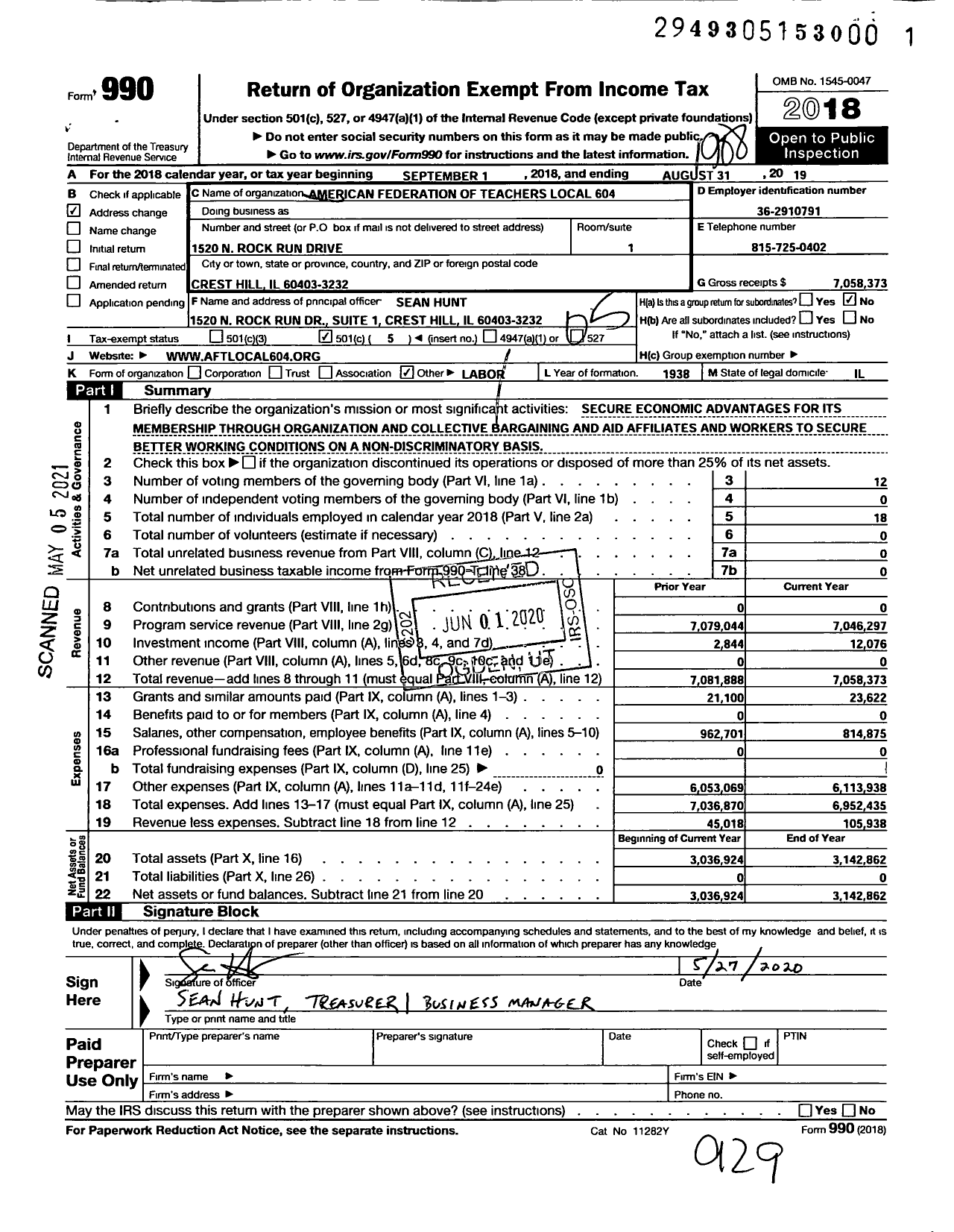 Image of first page of 2018 Form 990O for American Federation of Teachers - 604 Local