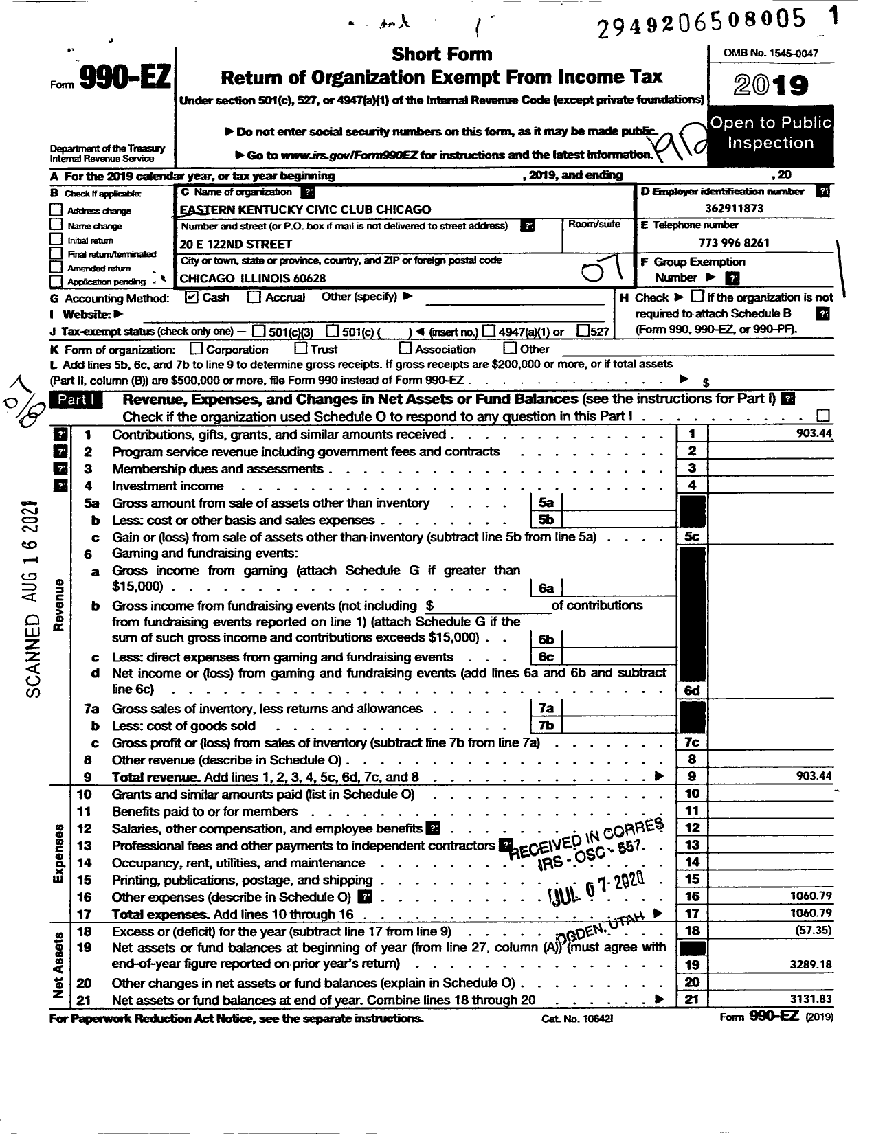 Image of first page of 2019 Form 990EO for Eastern Kentucky Civic Club Chicago