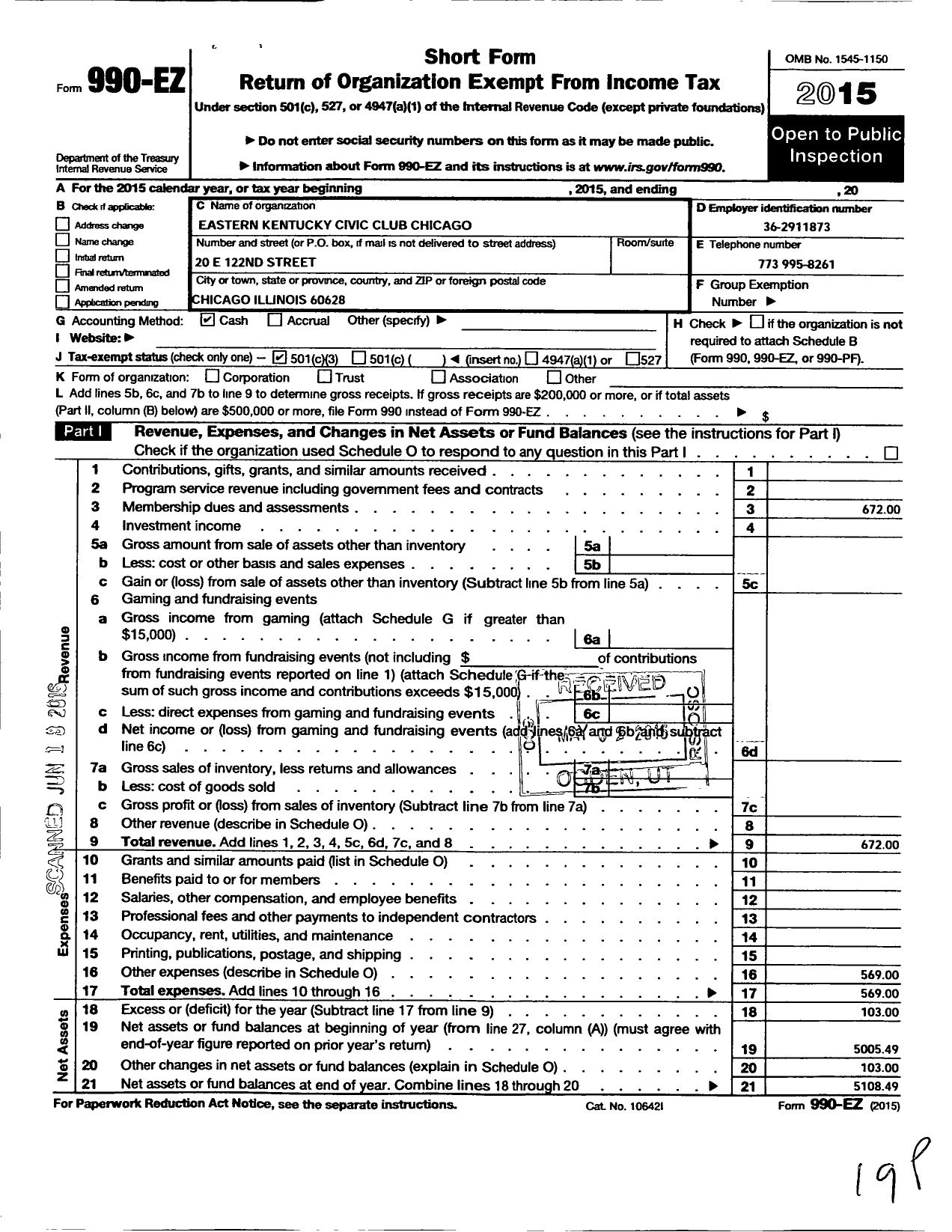 Image of first page of 2015 Form 990EZ for Eastern Kentucky Civic Club Chicago