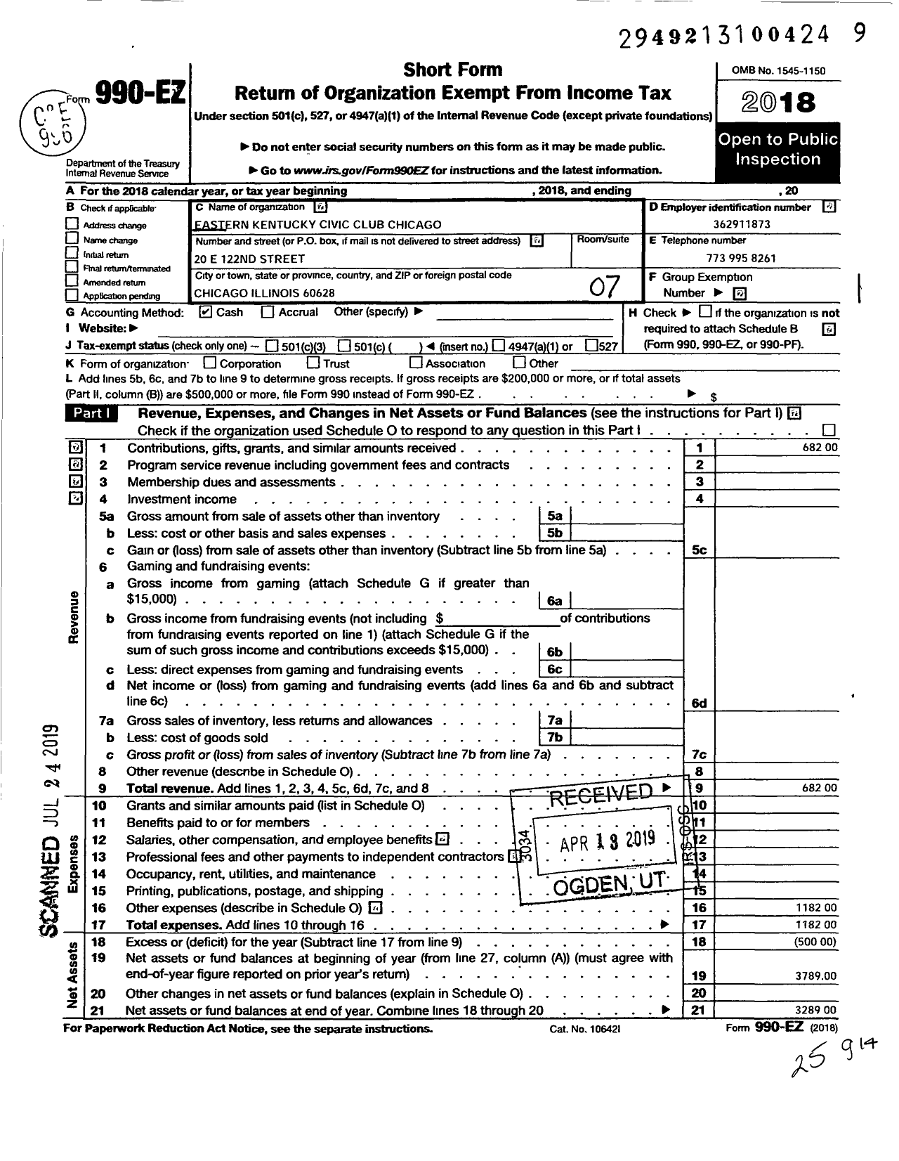 Image of first page of 2018 Form 990EO for Eastern Kentucky Civic Club Chicago