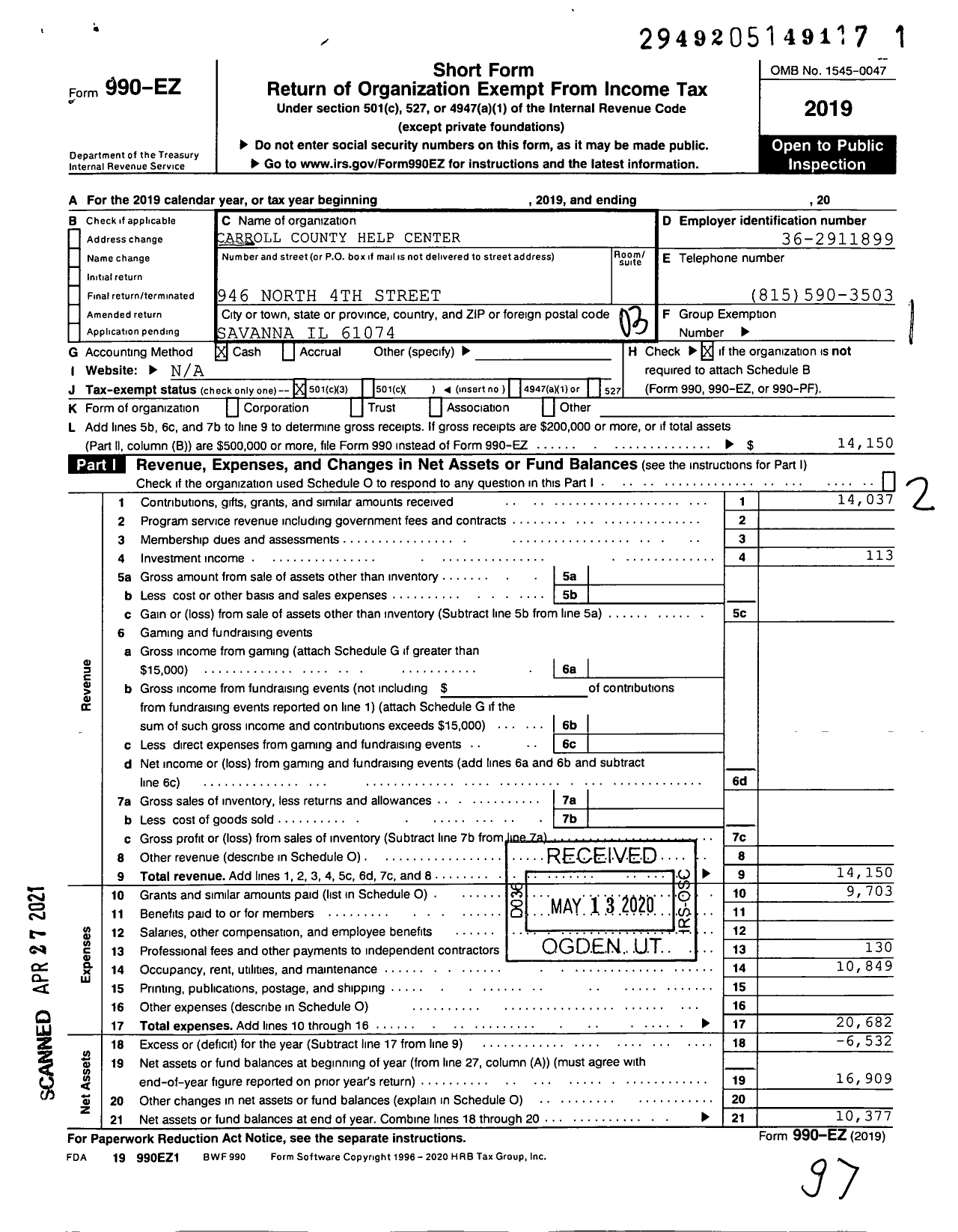 Image of first page of 2019 Form 990EZ for Carroll County Help Center