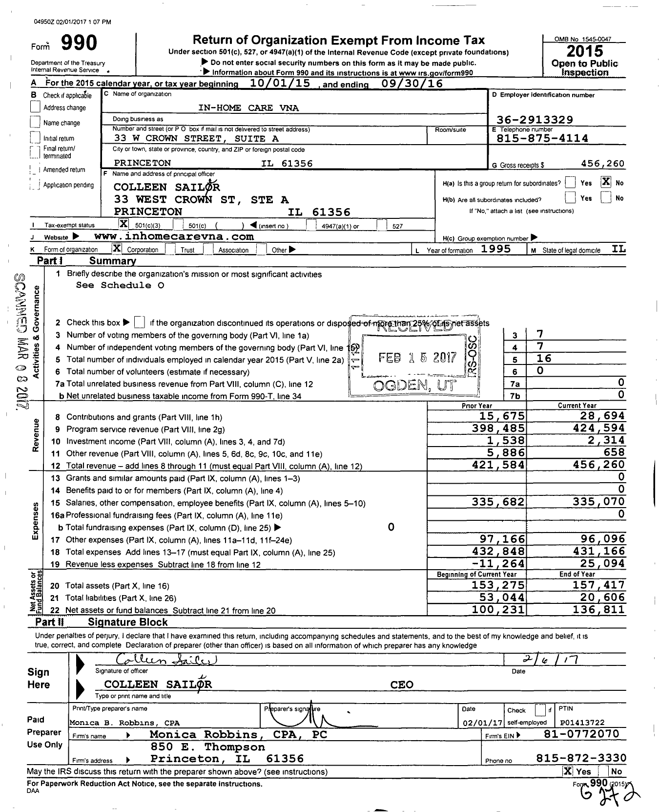 Image of first page of 2015 Form 990 for In-Home Care Vna