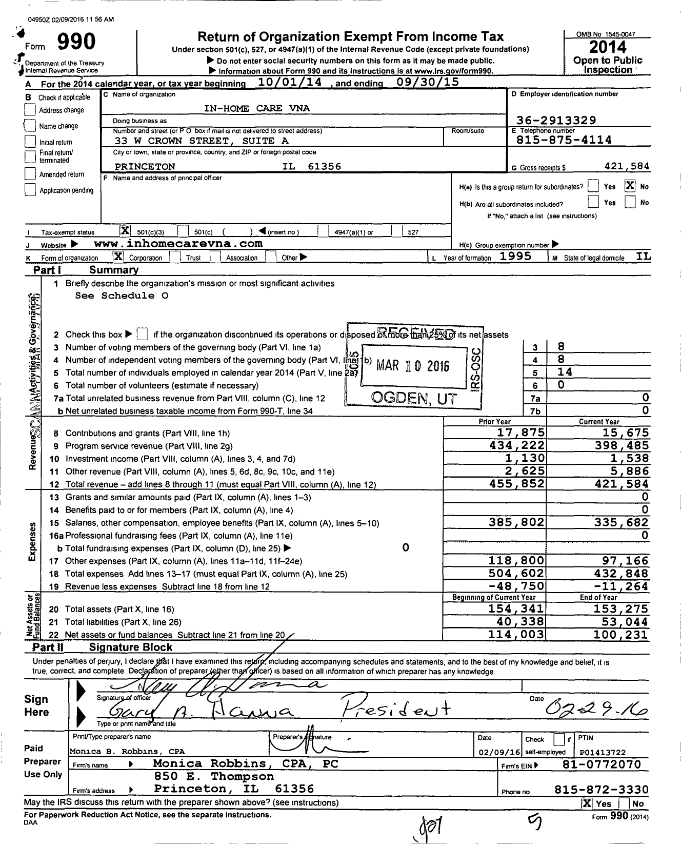 Image of first page of 2014 Form 990 for In-Home Care Vna