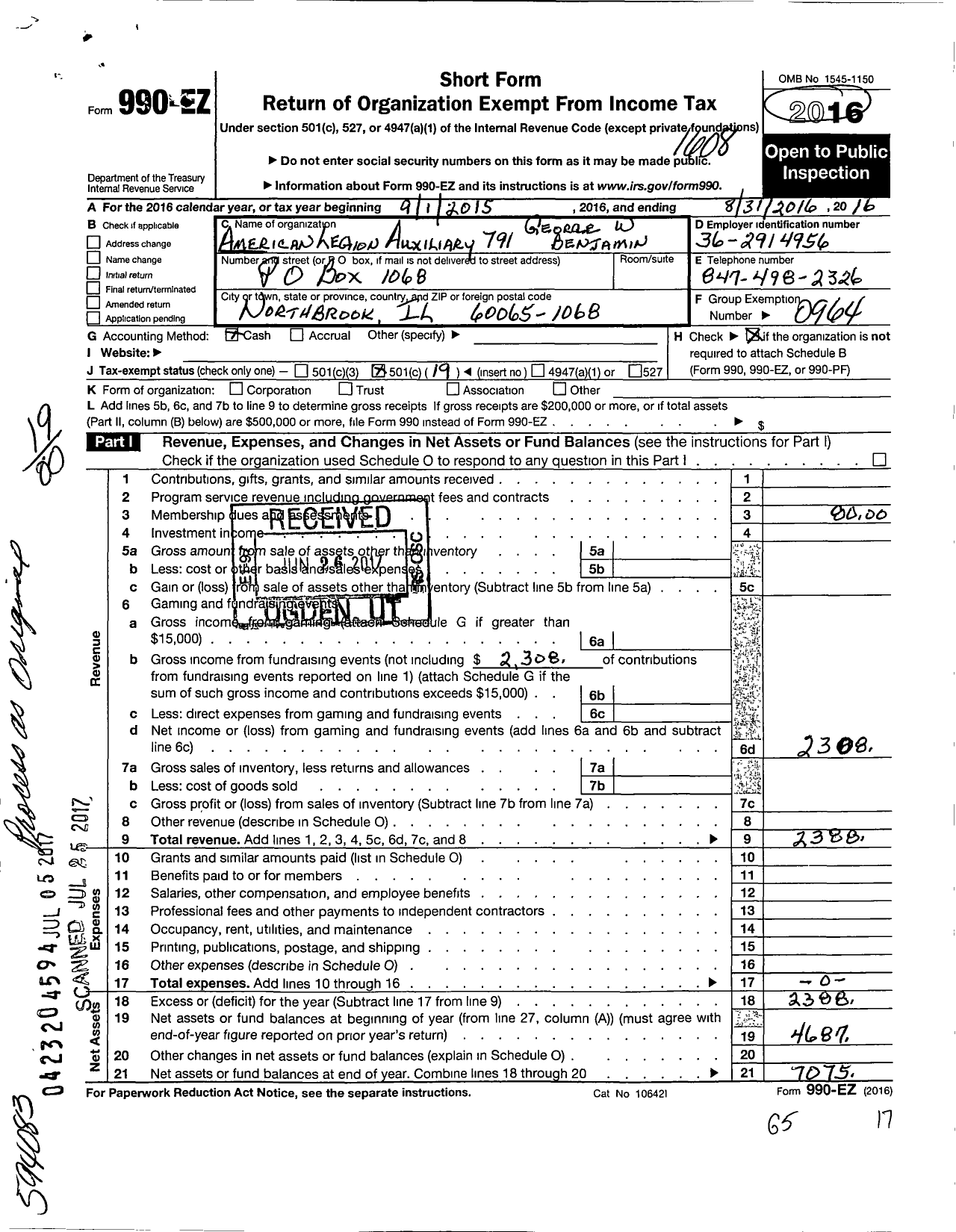 Image of first page of 2015 Form 990EO for American Legion Auxiliary - 791 George William Benjaman