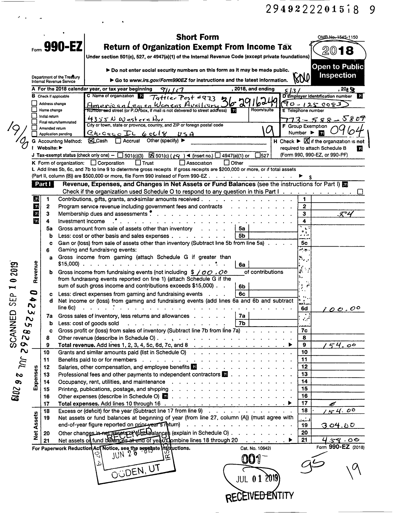 Image of first page of 2017 Form 990EO for American Legion Auxiliary - 973 Tattler