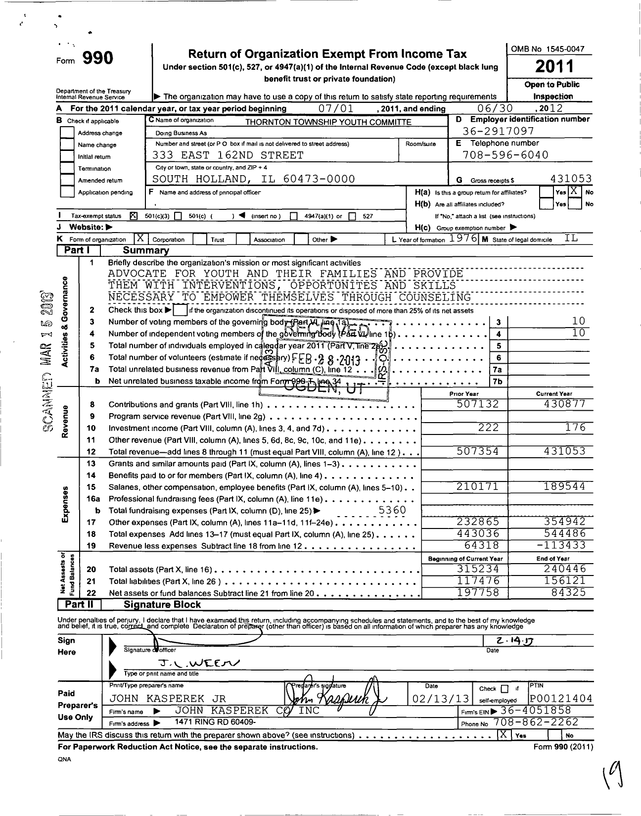 Image of first page of 2011 Form 990 for Thornton Township Youth Committee