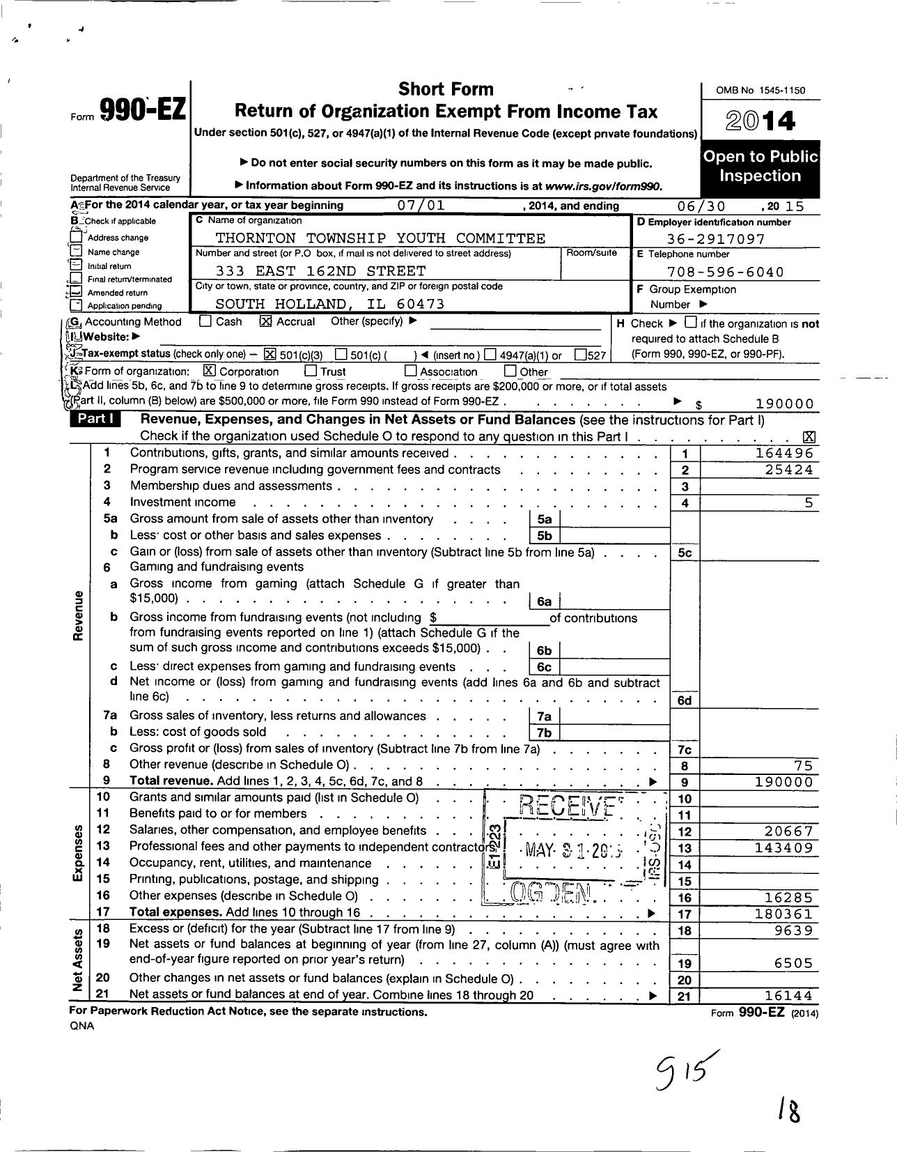 Image of first page of 2014 Form 990EZ for Thornton Township Youth Committee