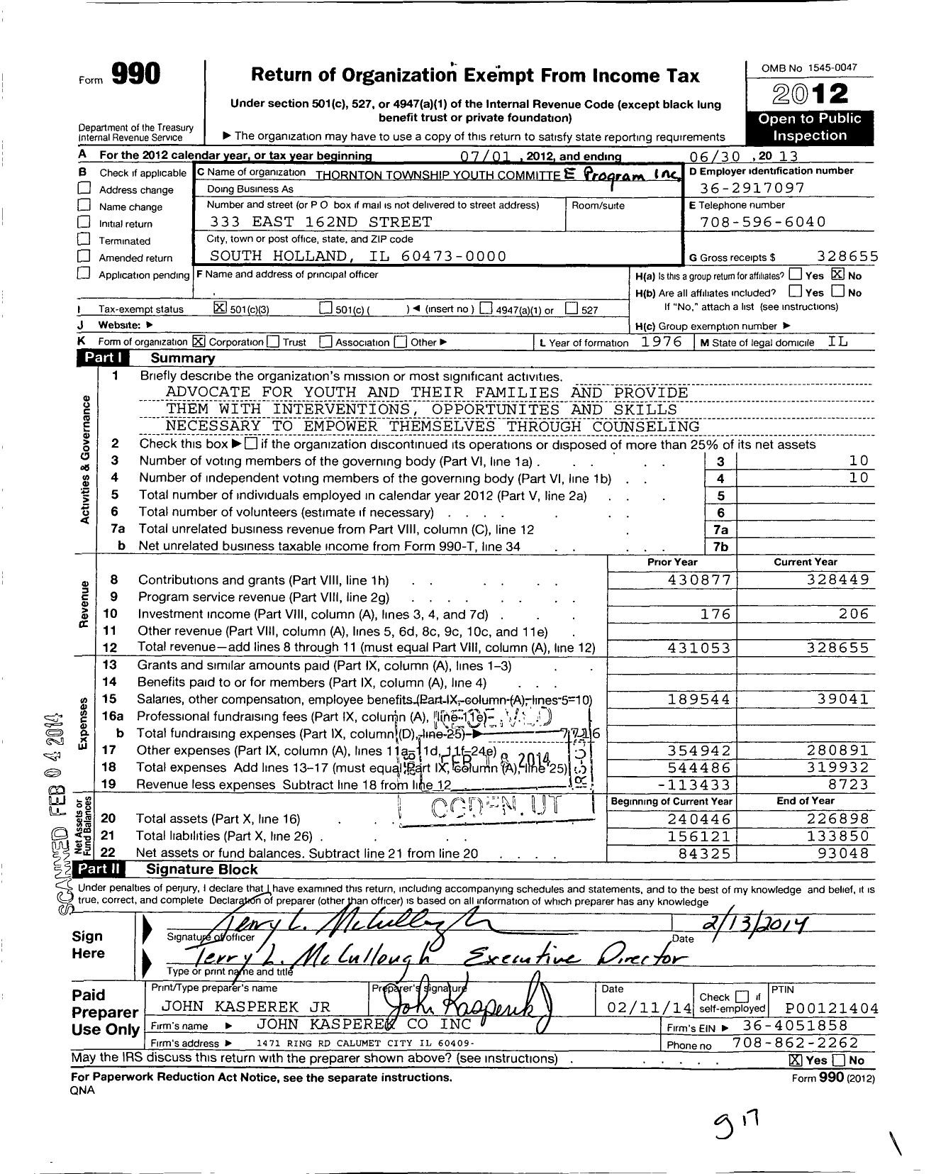 Image of first page of 2012 Form 990 for Thornton Township Youth Committee