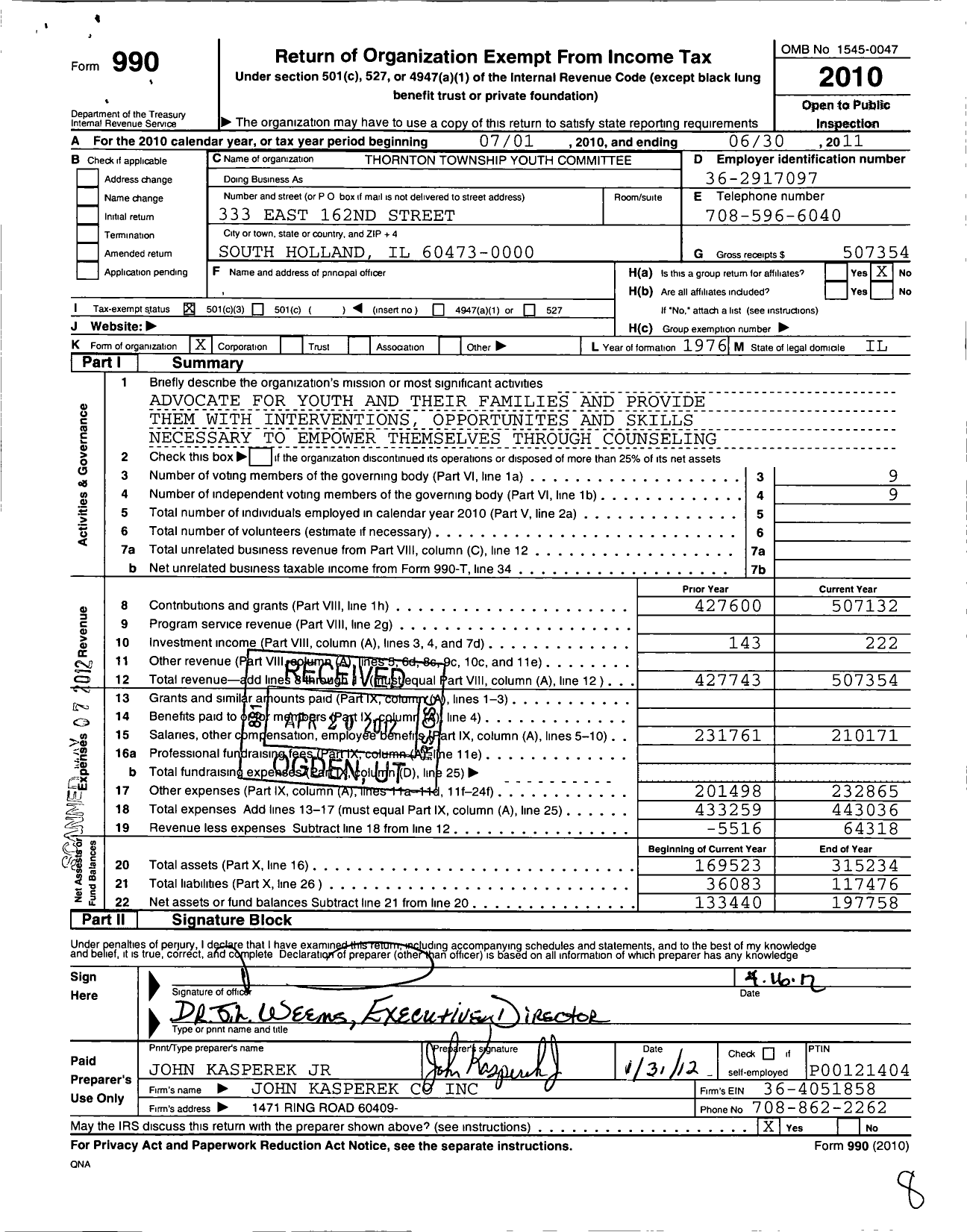 Image of first page of 2010 Form 990 for Thornton Township Youth Committee