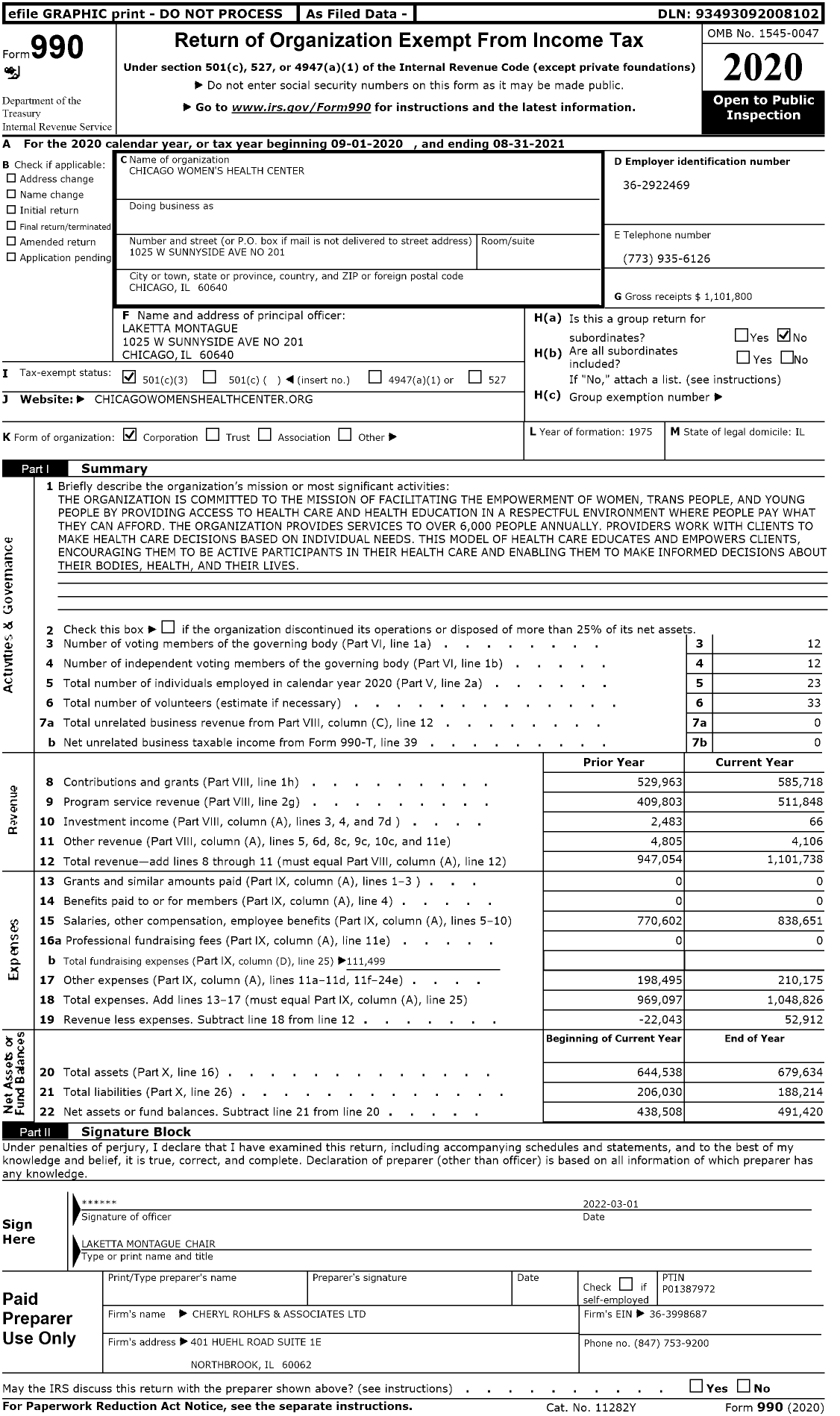 Image of first page of 2020 Form 990 for Chicago Women's Health Center