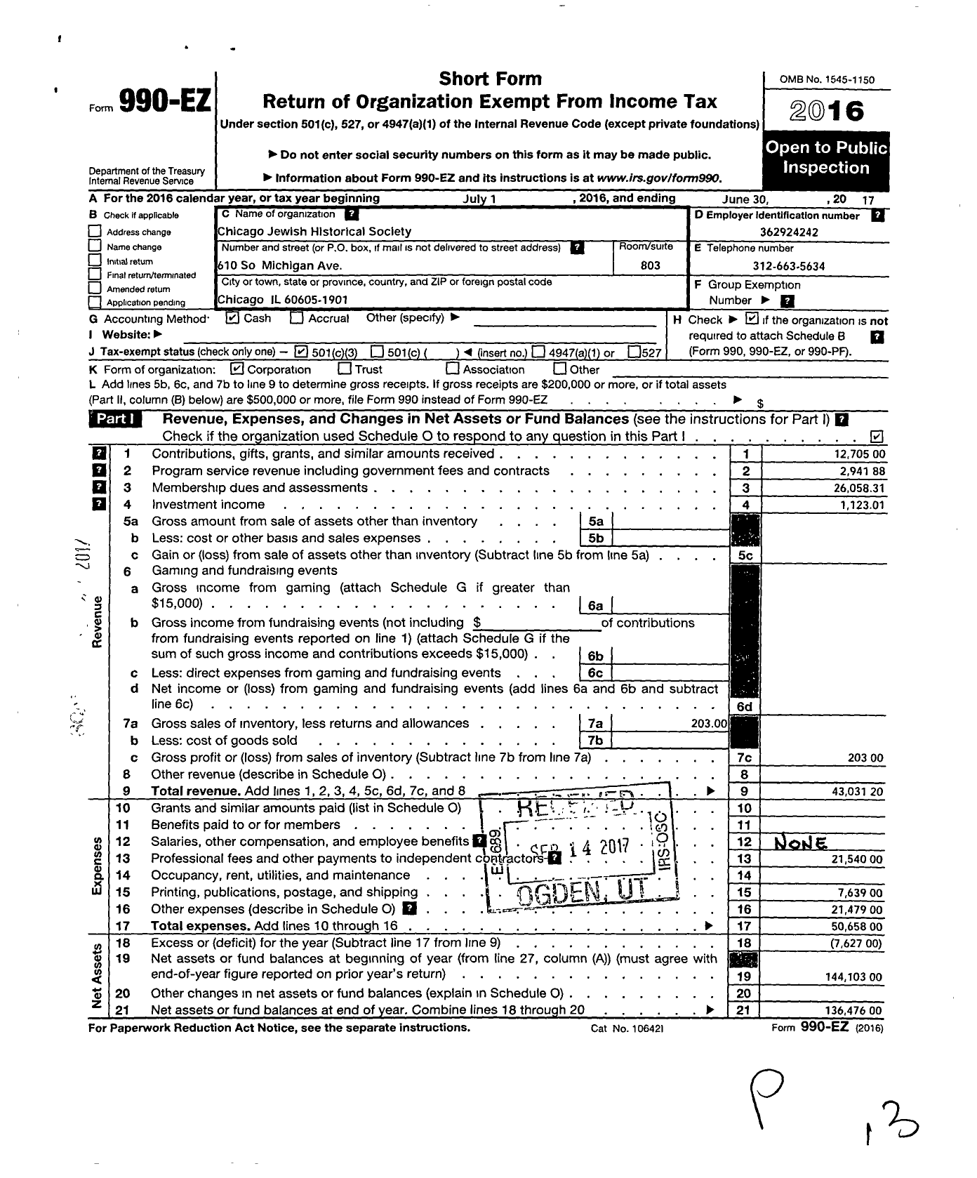 Image of first page of 2016 Form 990EZ for Chicago Jewish Historical Society