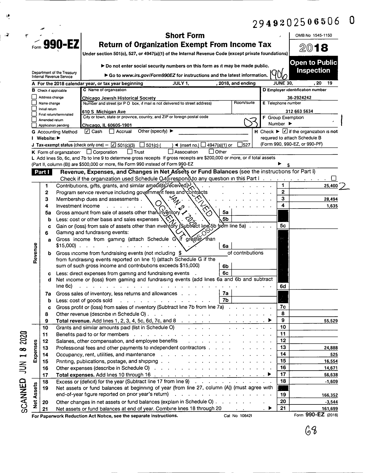 Image of first page of 2018 Form 990EZ for Chicago Jewish Historical Society