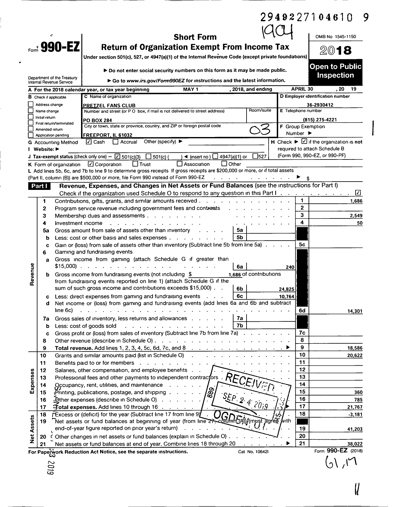 Image of first page of 2018 Form 990EZ for Pretzel Fans Club