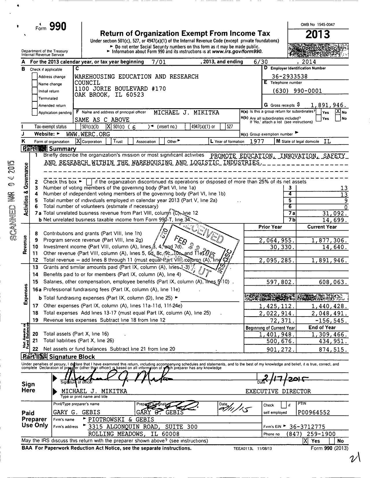 Image of first page of 2013 Form 990O for Warehousing Education and Research Council (WERC)