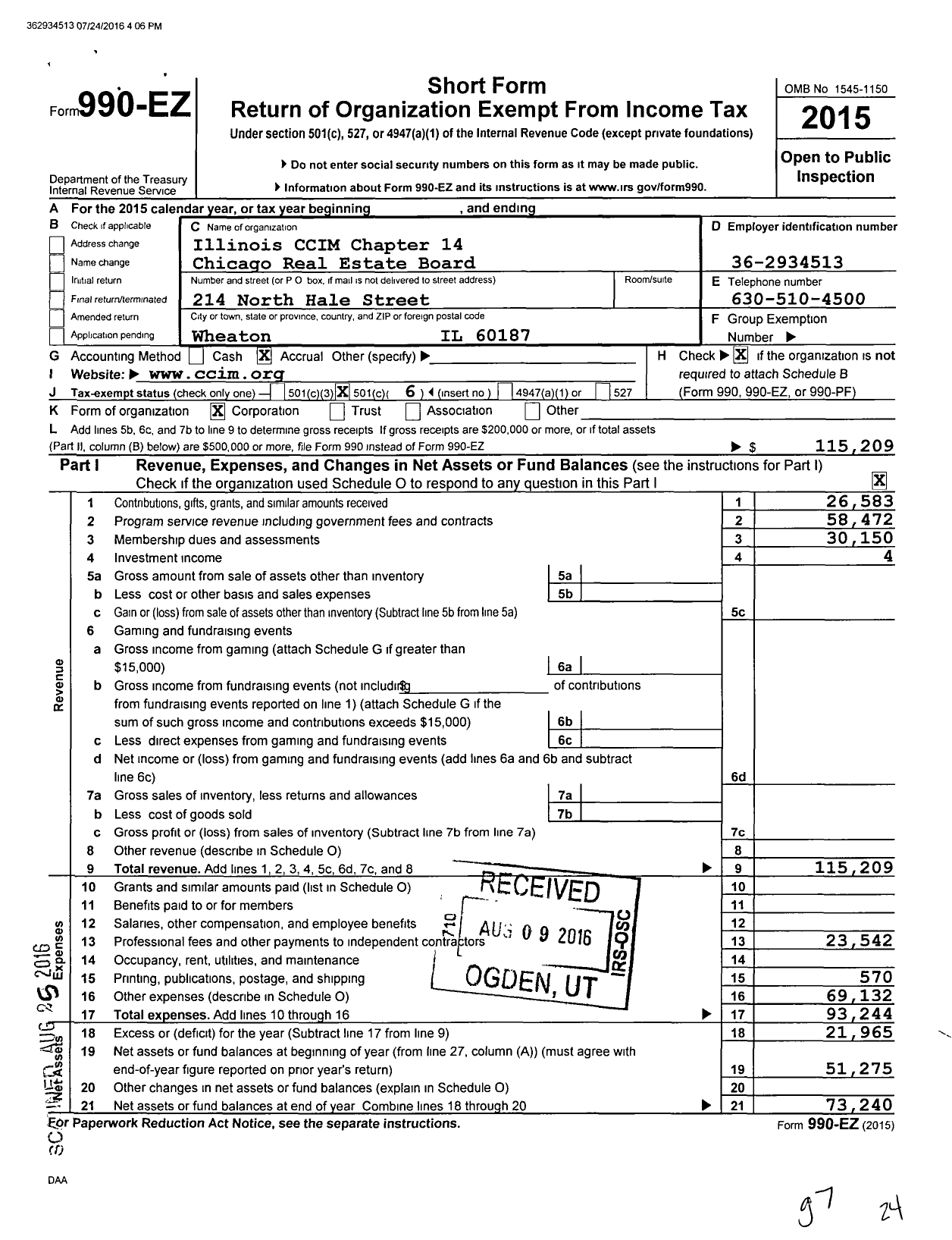 Image of first page of 2015 Form 990EO for Illinois Ccim Chapter 14 Chicago Real Estate Board