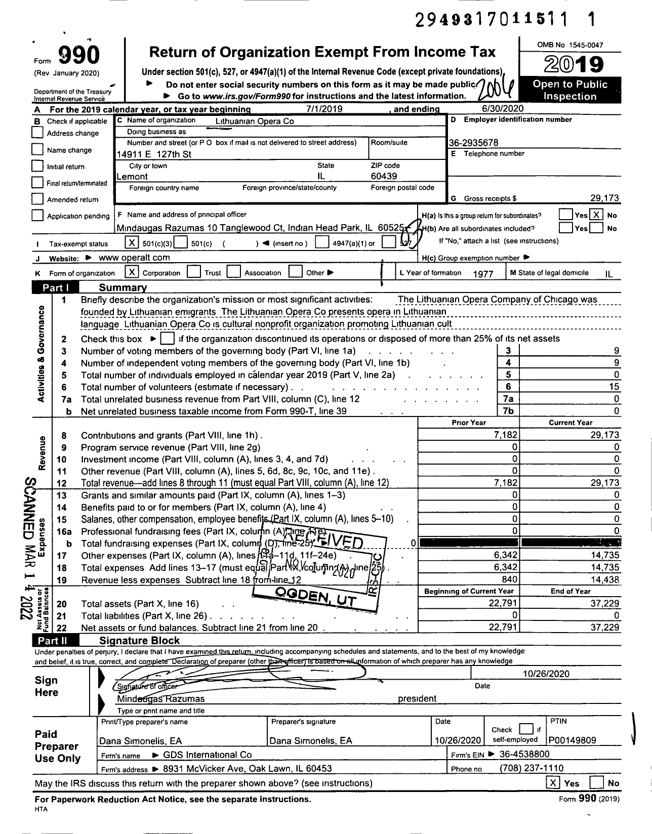 Image of first page of 2019 Form 990 for Lithuanian Opera Co