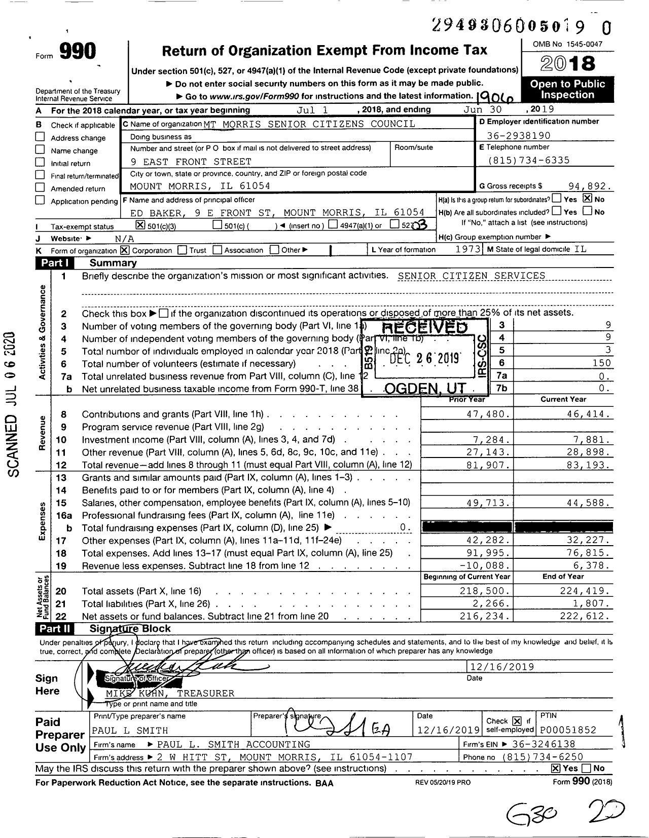 Image of first page of 2018 Form 990 for MT Morris Senior Citizens Council