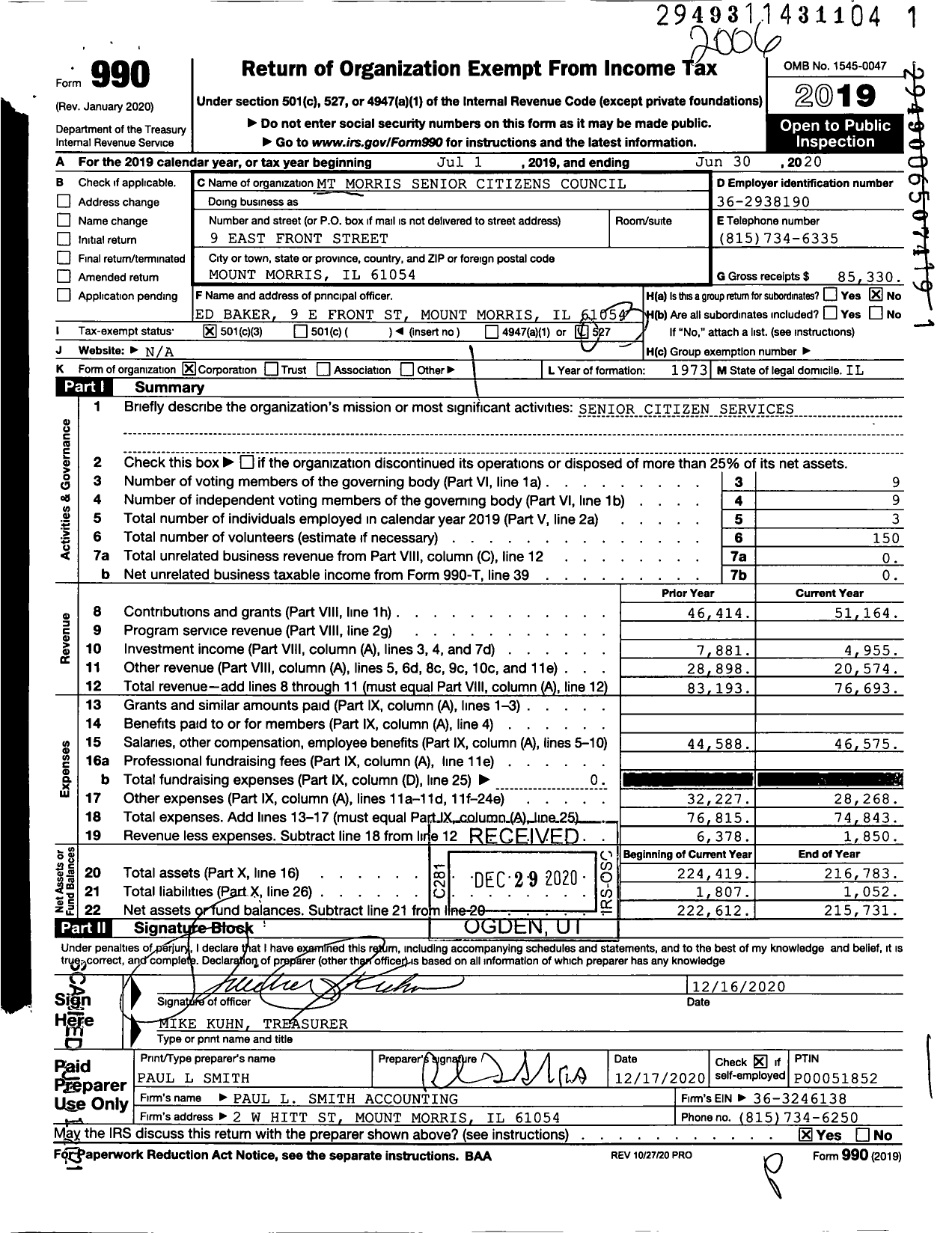 Image of first page of 2019 Form 990 for MT Morris Senior Citizens Council