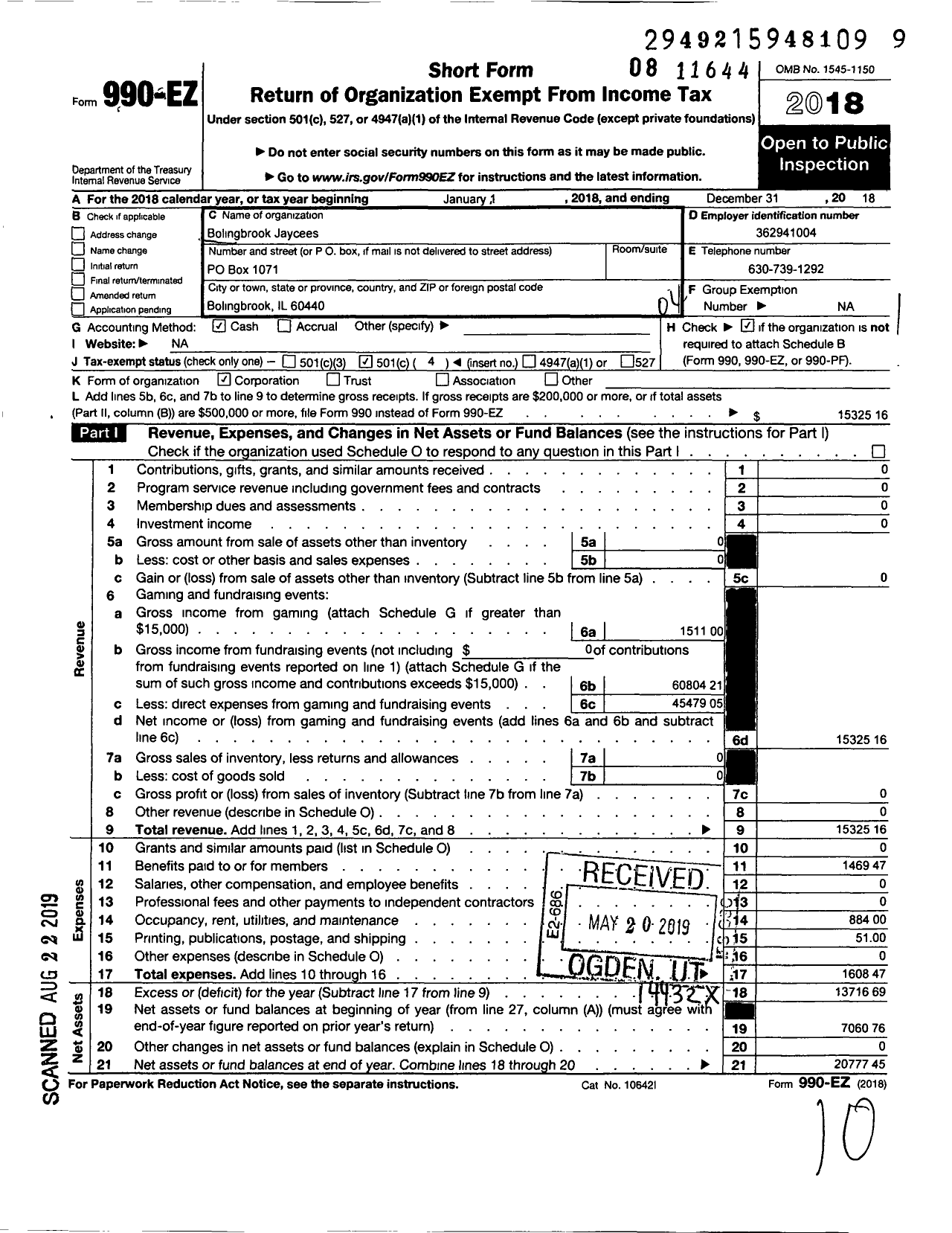 Image of first page of 2018 Form 990EO for Bolingbrook Jaycees