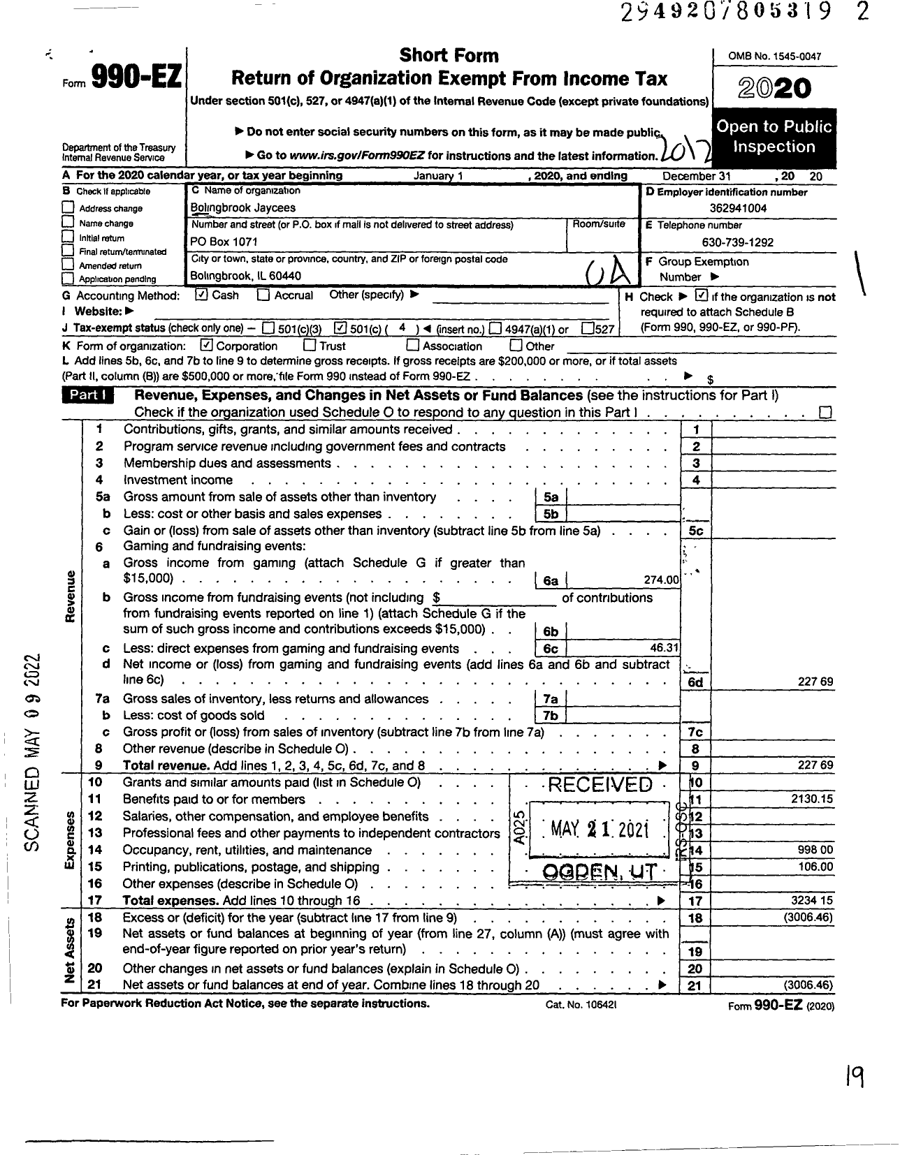 Image of first page of 2020 Form 990EO for Bolingbrook Jaycees