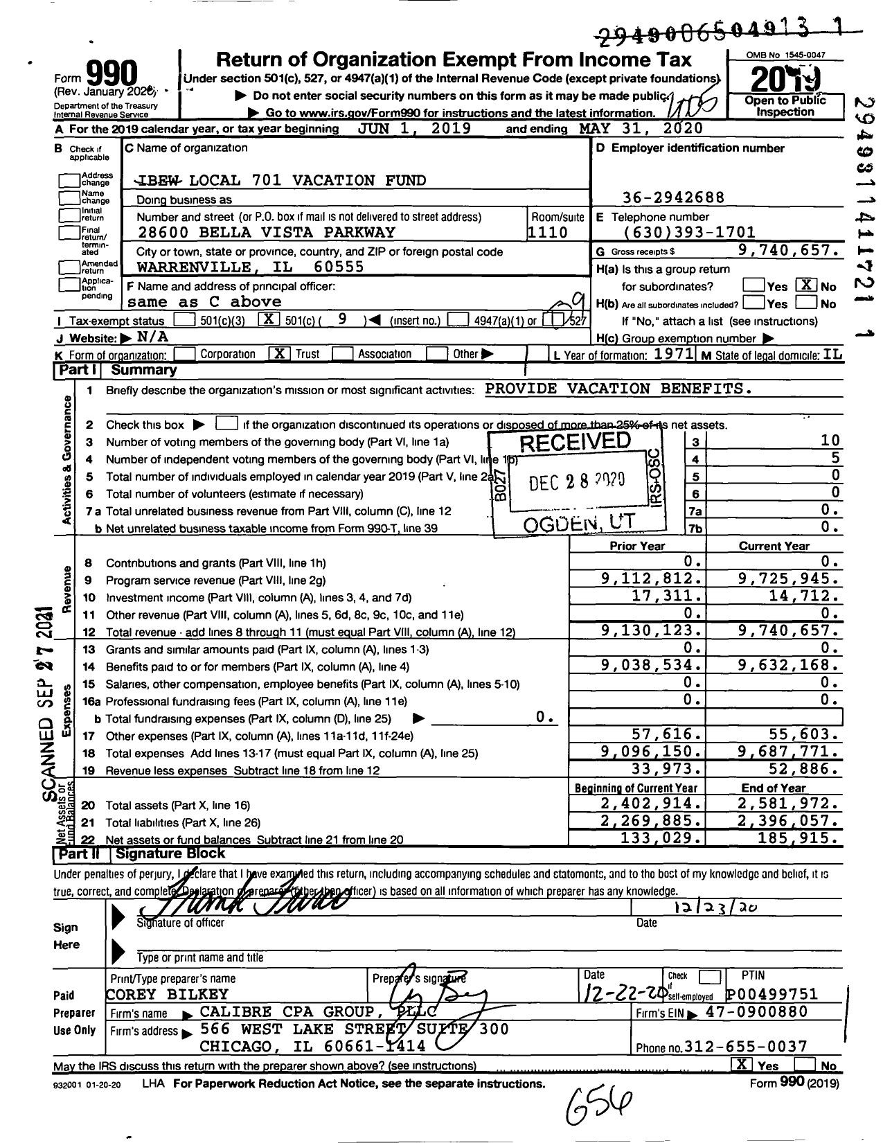 Image of first page of 2019 Form 990O for IBEW Local 701 Vacation Fund