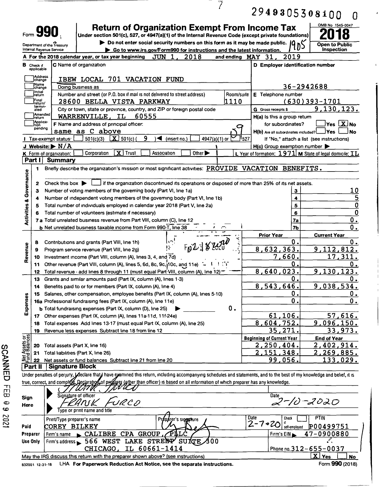 Image of first page of 2018 Form 990O for IBEW Local 701 Vacation Fund