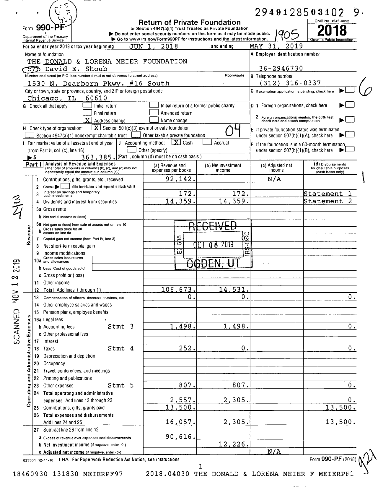 Image of first page of 2018 Form 990PF for Donald and Lorena Meier Foundation