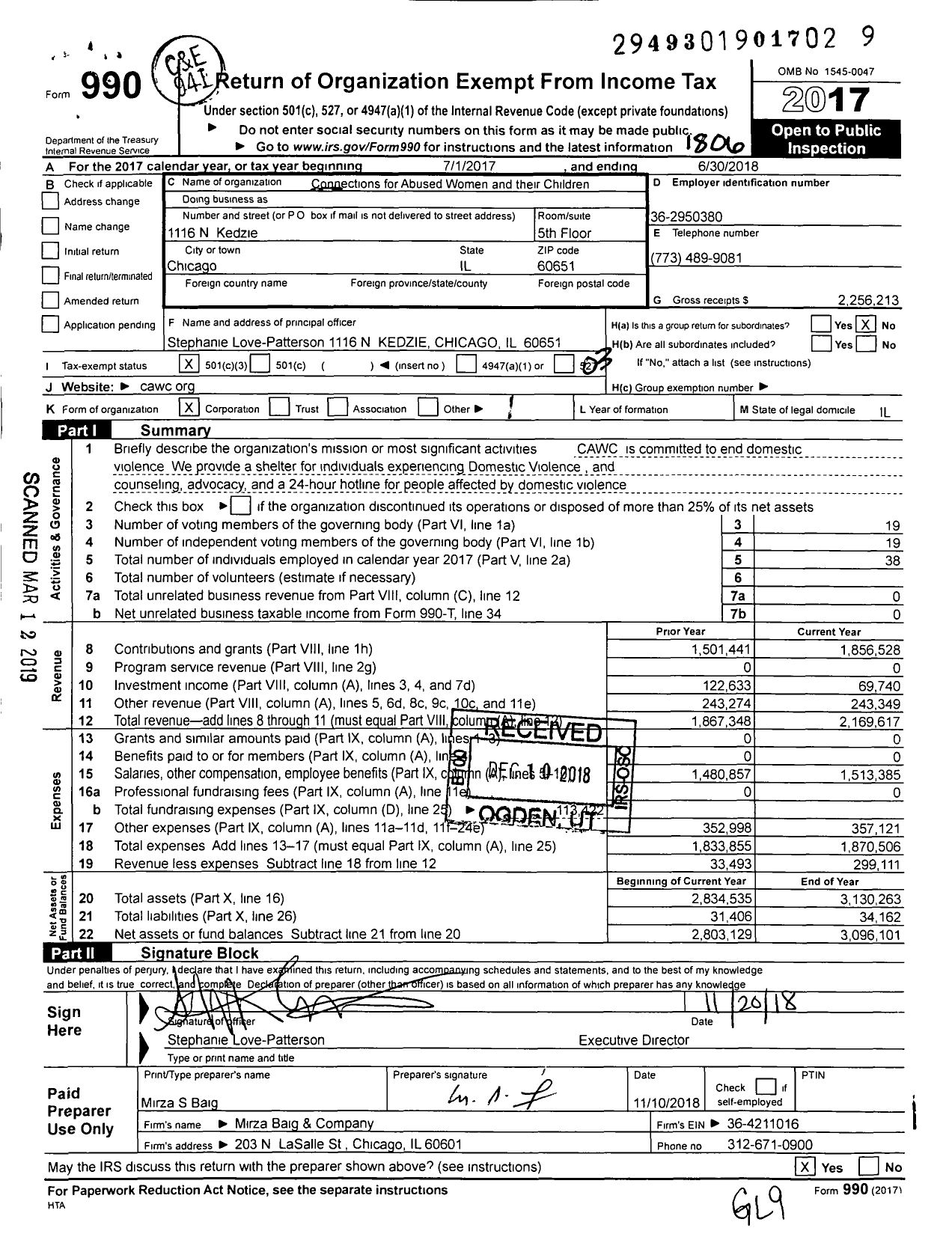 Image of first page of 2017 Form 990 for Connections for Abused Women and their Children (CAWC)