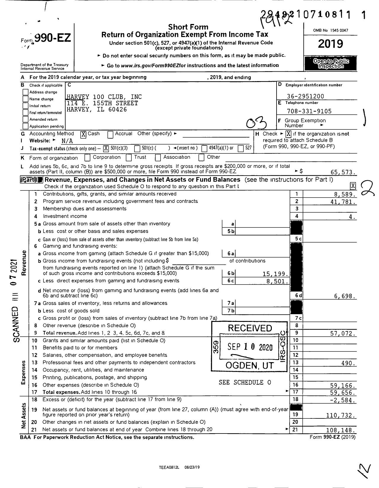 Image of first page of 2019 Form 990EZ for Harvey 100 Club