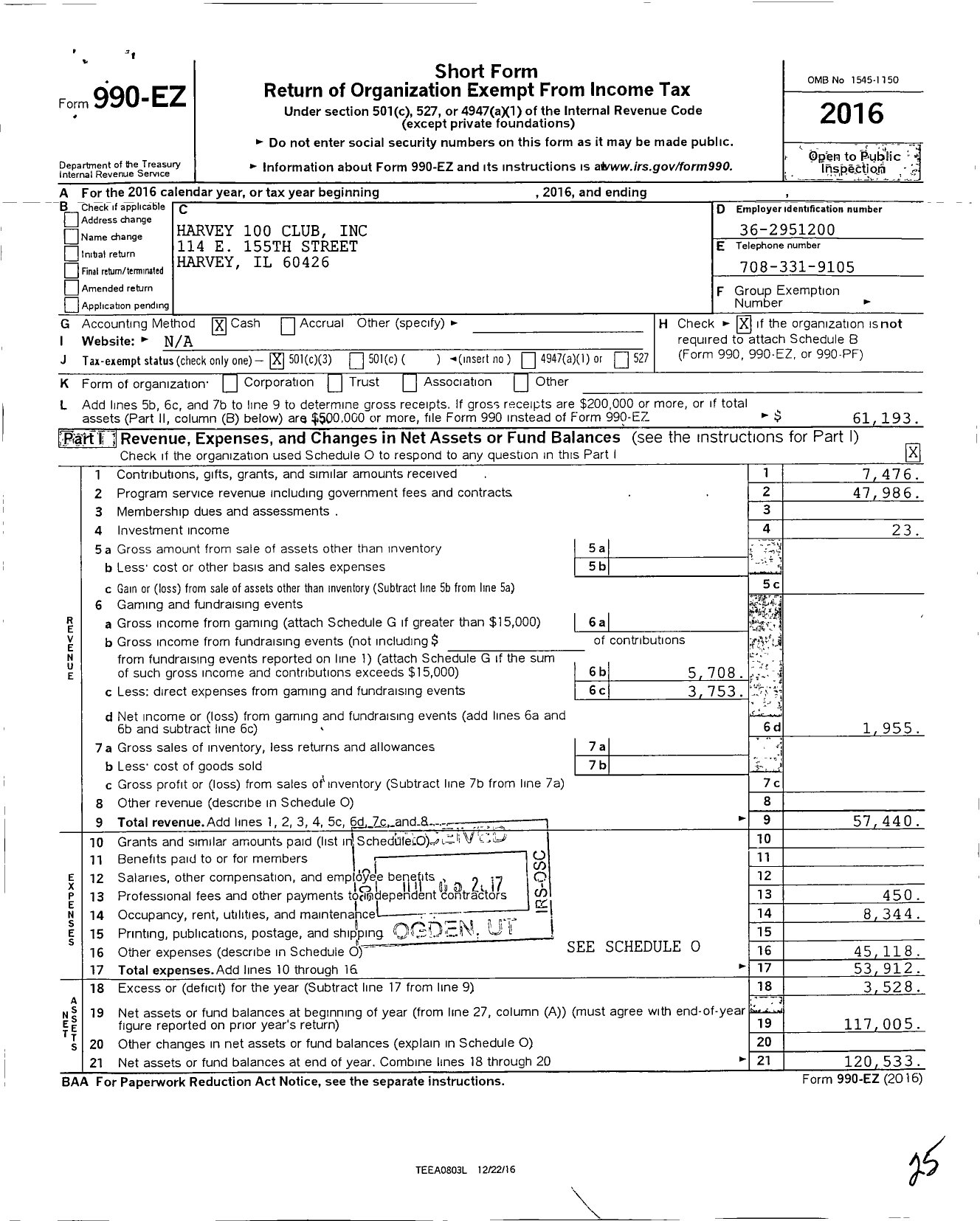 Image of first page of 2016 Form 990EZ for Harvey 100 Club