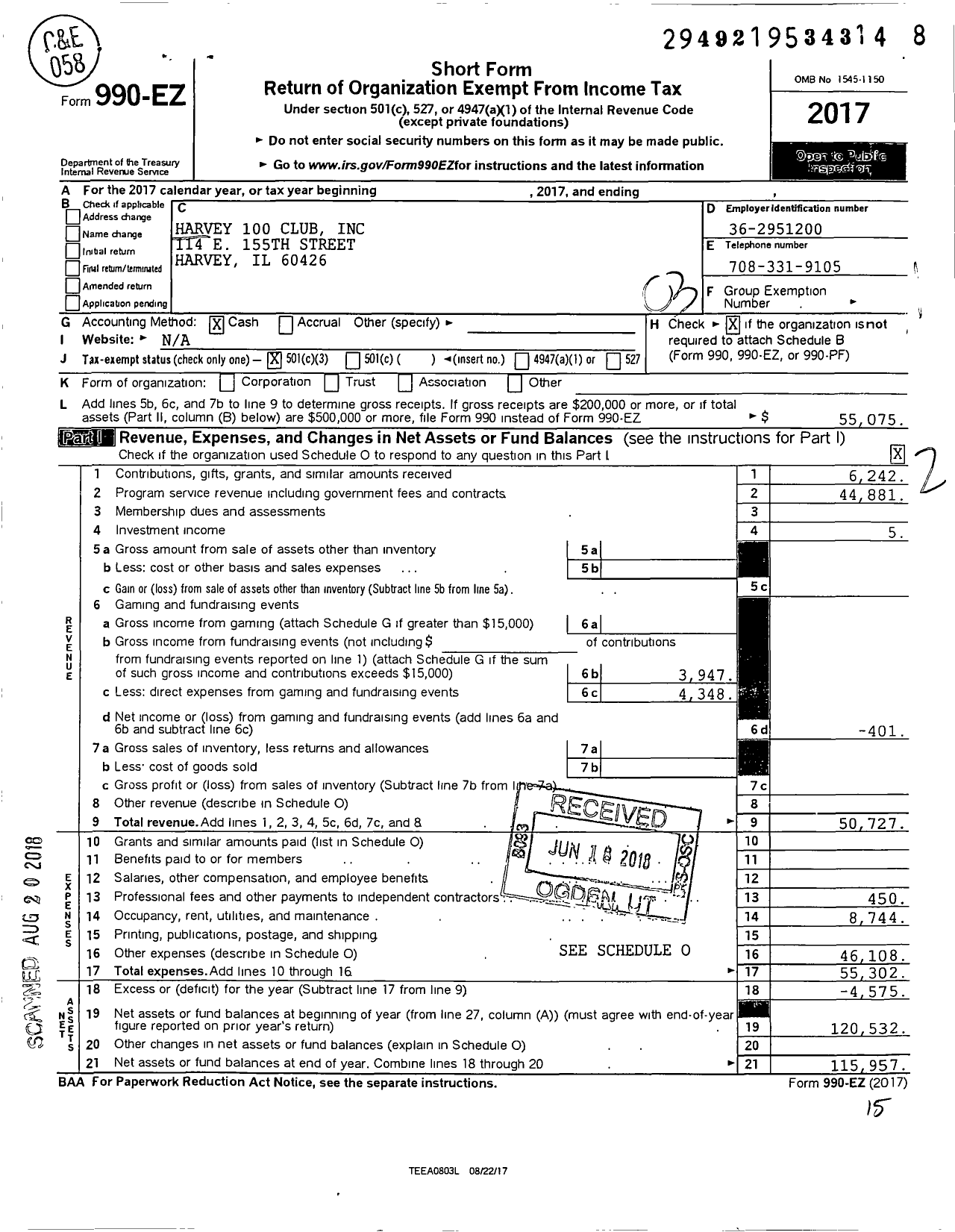 Image of first page of 2017 Form 990EZ for Harvey 100 Club