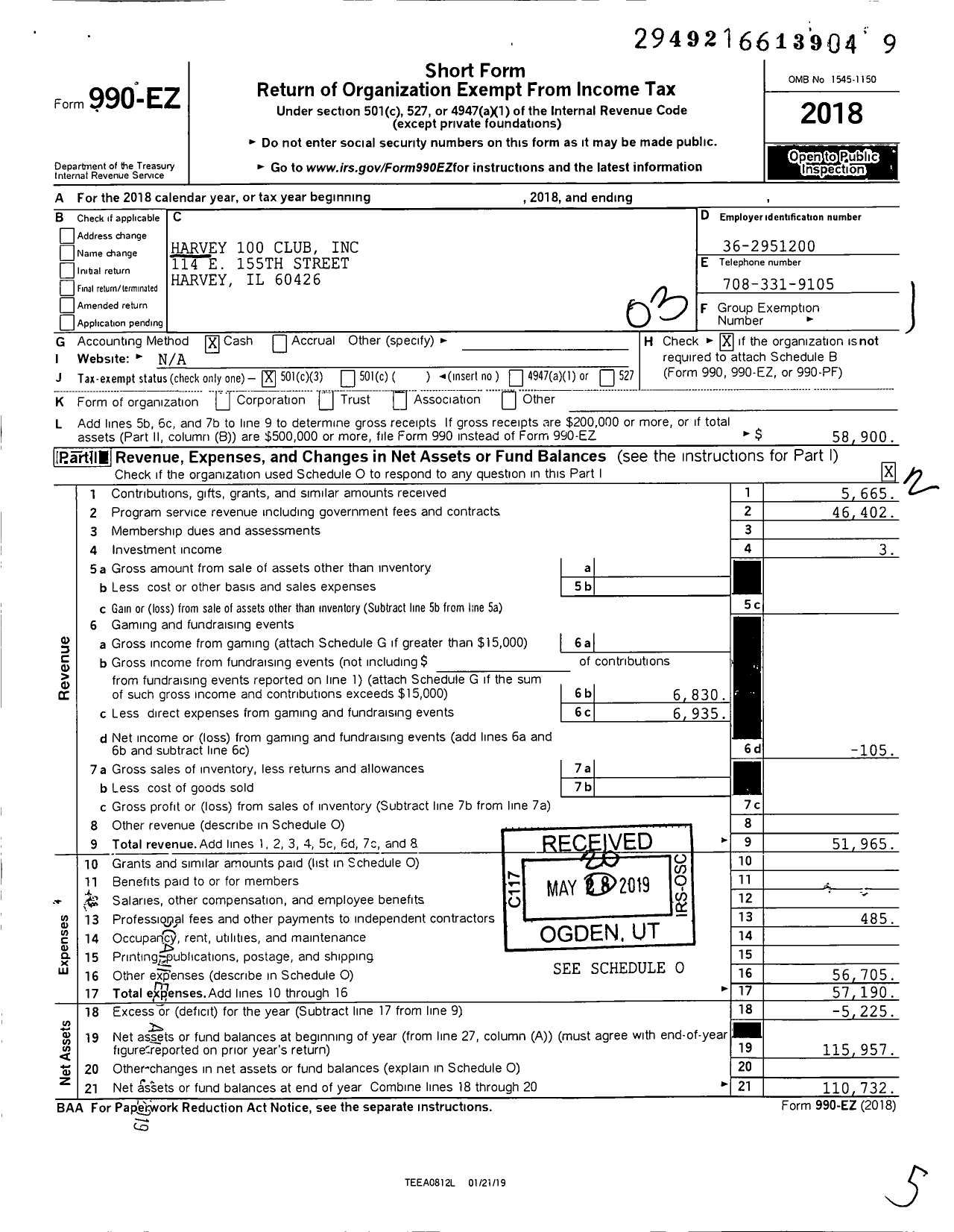 Image of first page of 2018 Form 990EZ for Harvey 100 Club