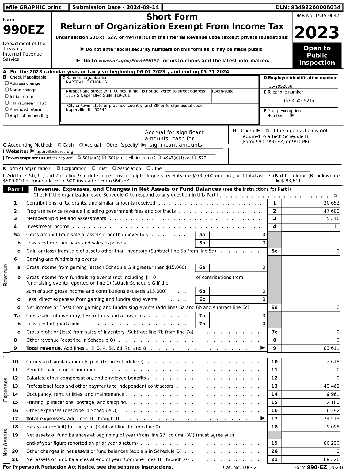 Image of first page of 2023 Form 990EZ for Naperville Chorus