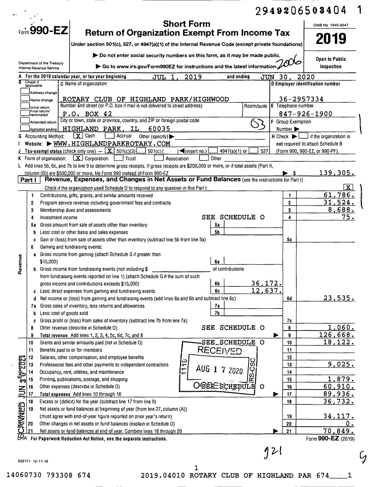 Image of first page of 2019 Form 990EZ for Rotary Club of Highland Park- Highwood